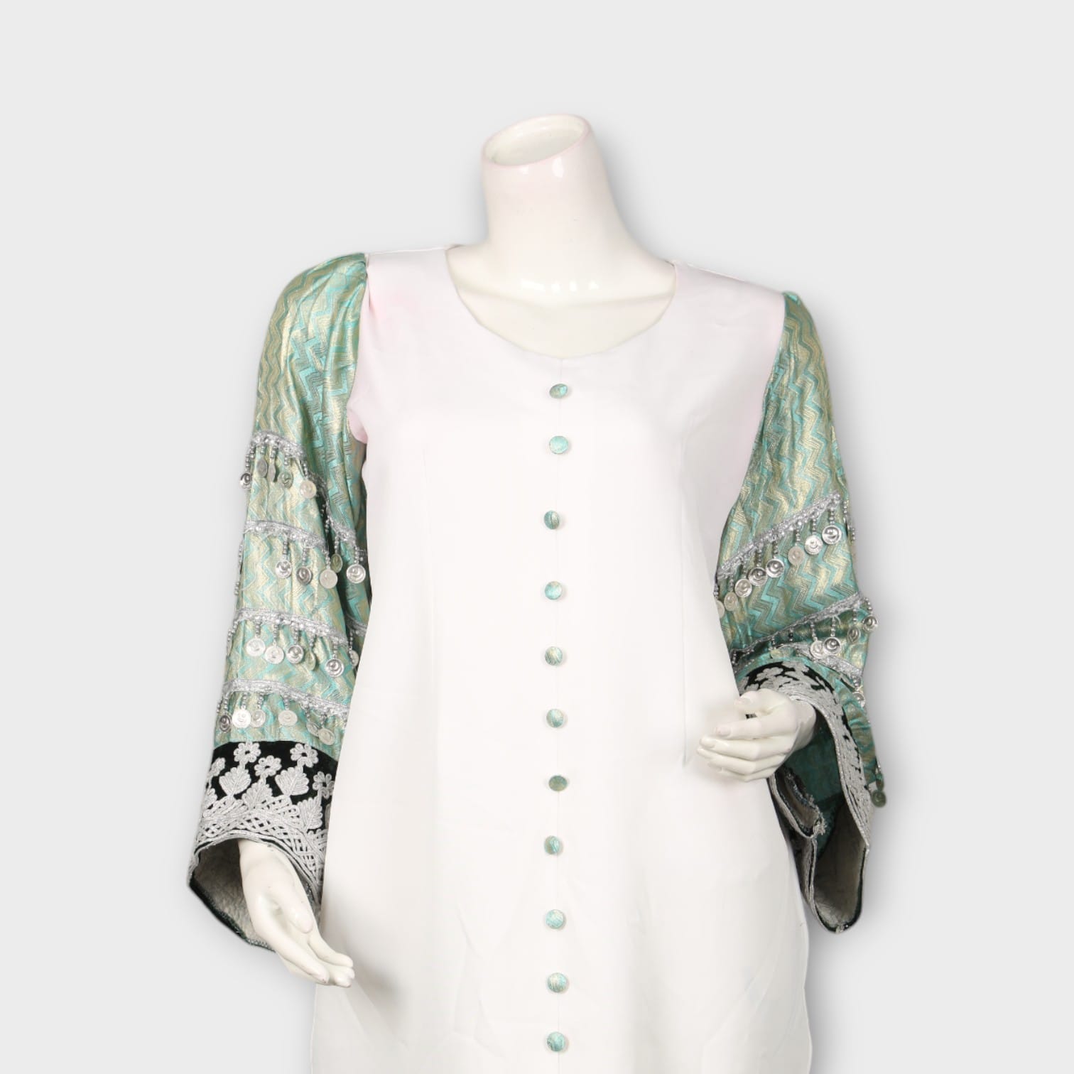 White Long Dress with Embroidered Green Sleeves and Front Buttons
