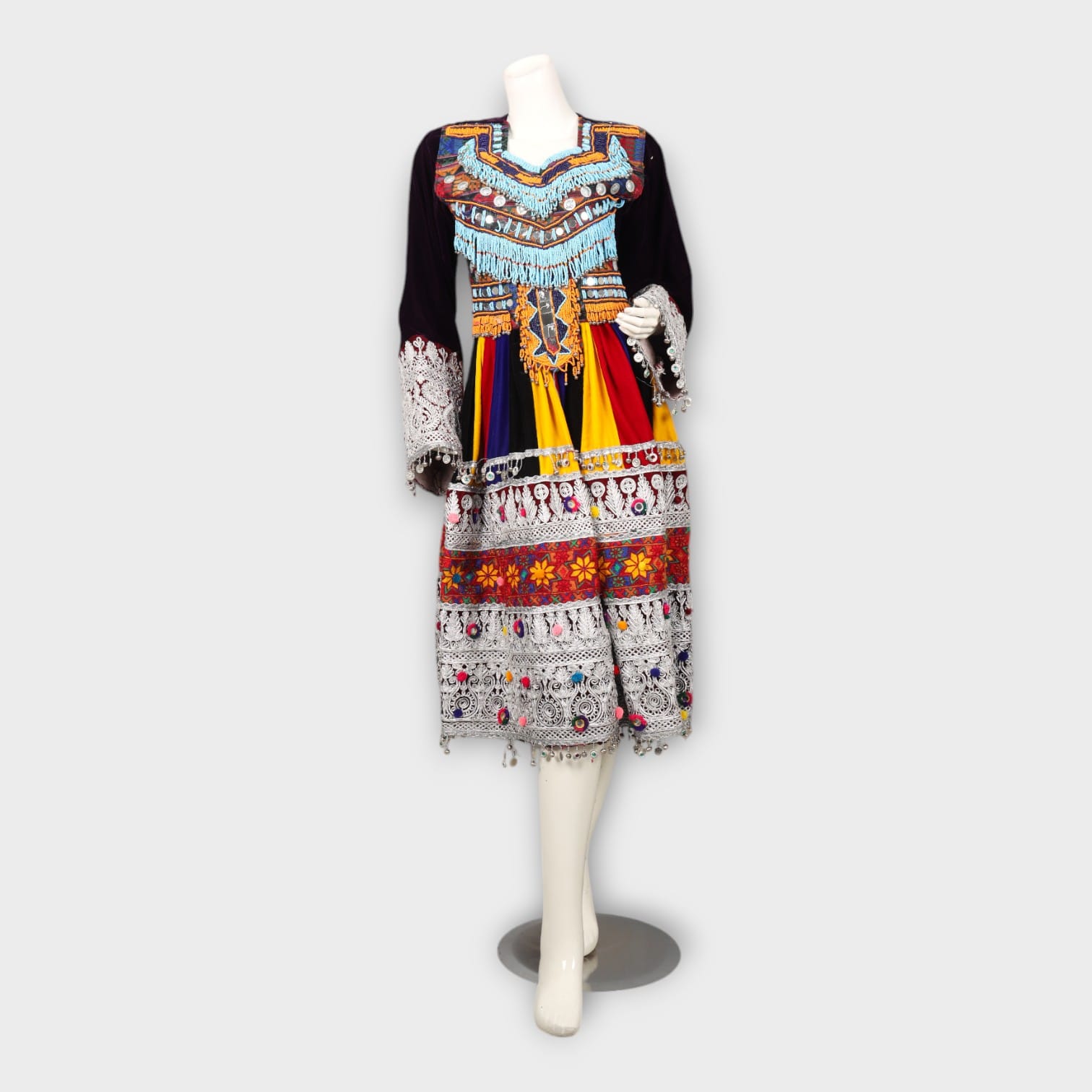 Traditional Multicolor Afghani Dress with Beaded Embroidery and Velvet Sleeves