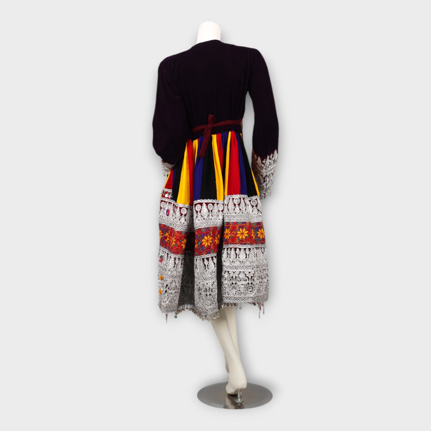 Traditional Multicolor Afghani Dress with Beaded Embroidery and Velvet Sleeves