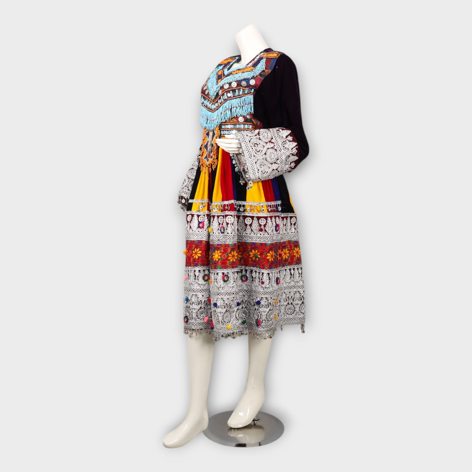 Traditional Multicolor Afghani Dress with Beaded Embroidery and Velvet Sleeves