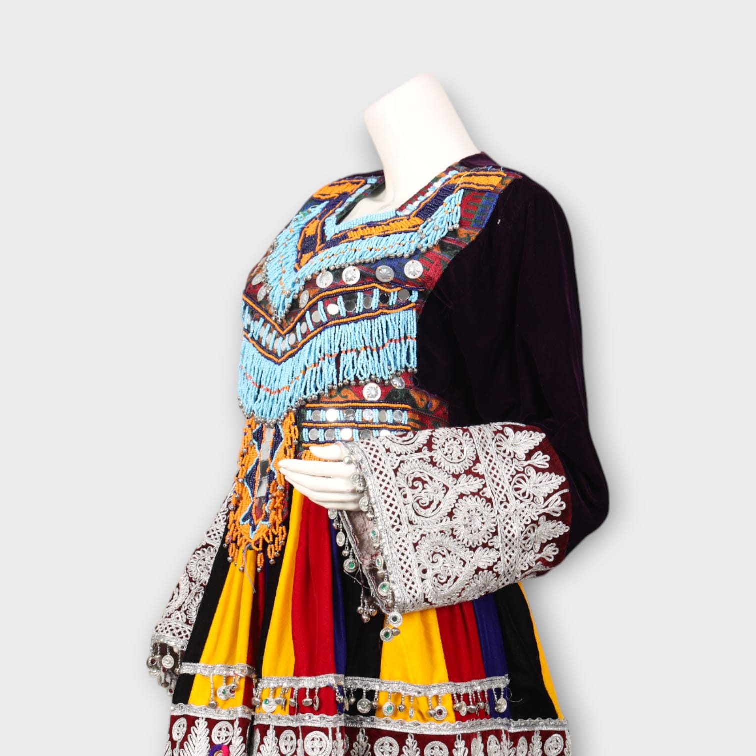 Traditional Multicolor Afghani Dress with Beaded Embroidery and Velvet Sleeves