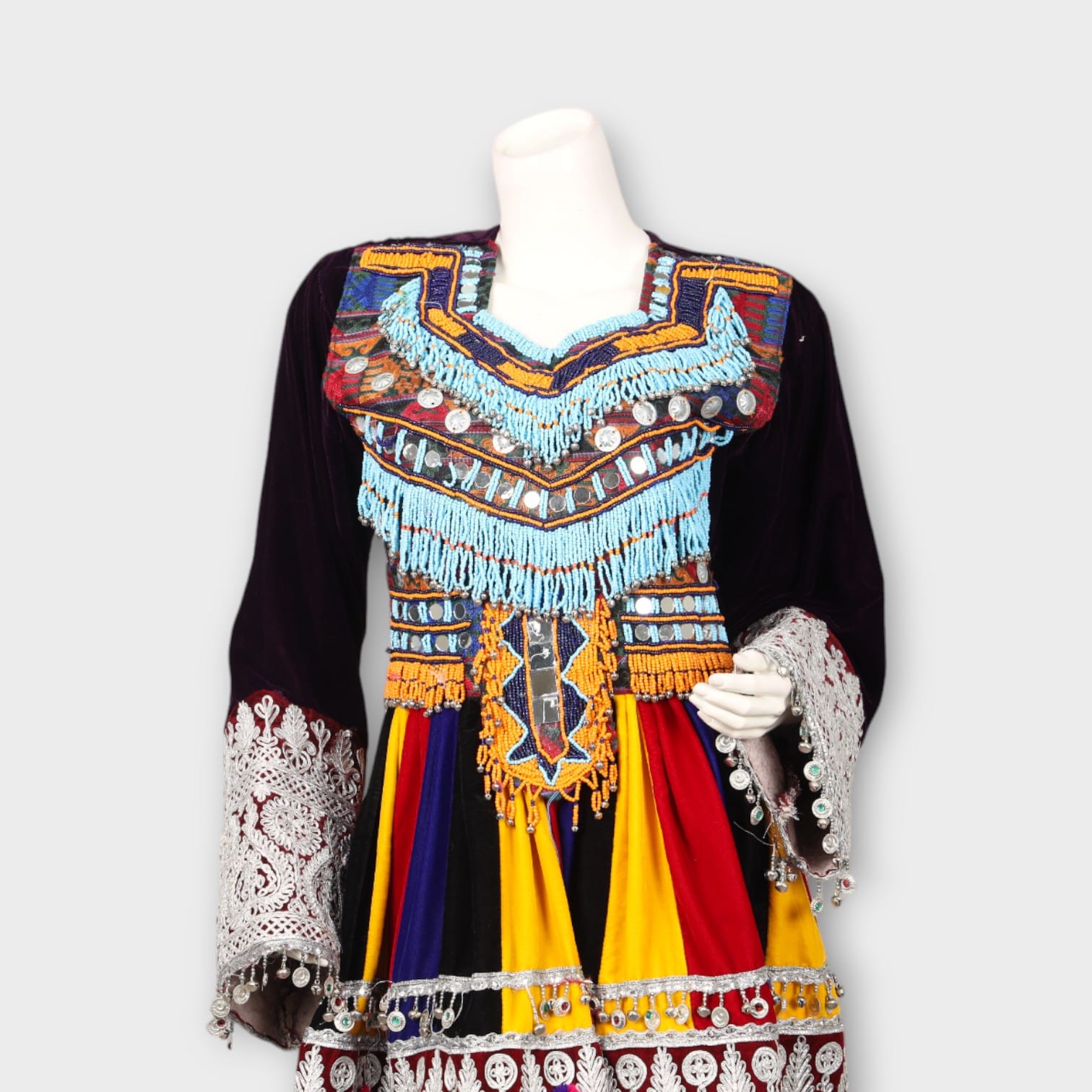 Traditional Multicolor Afghani Dress with Beaded Embroidery and Velvet Sleeves
