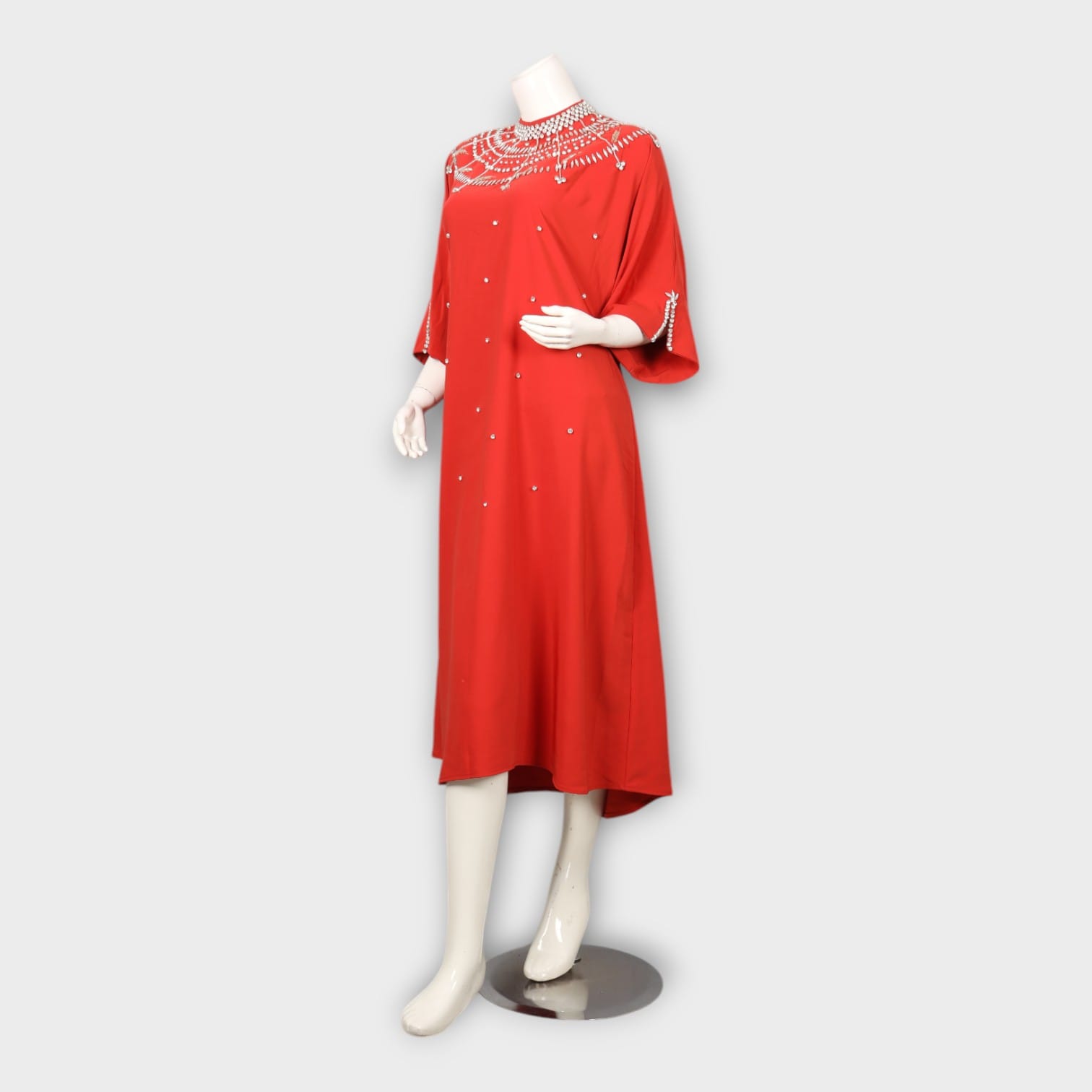 Red Kaftan Dress with Beaded Neckline and Sleeve Embellishment