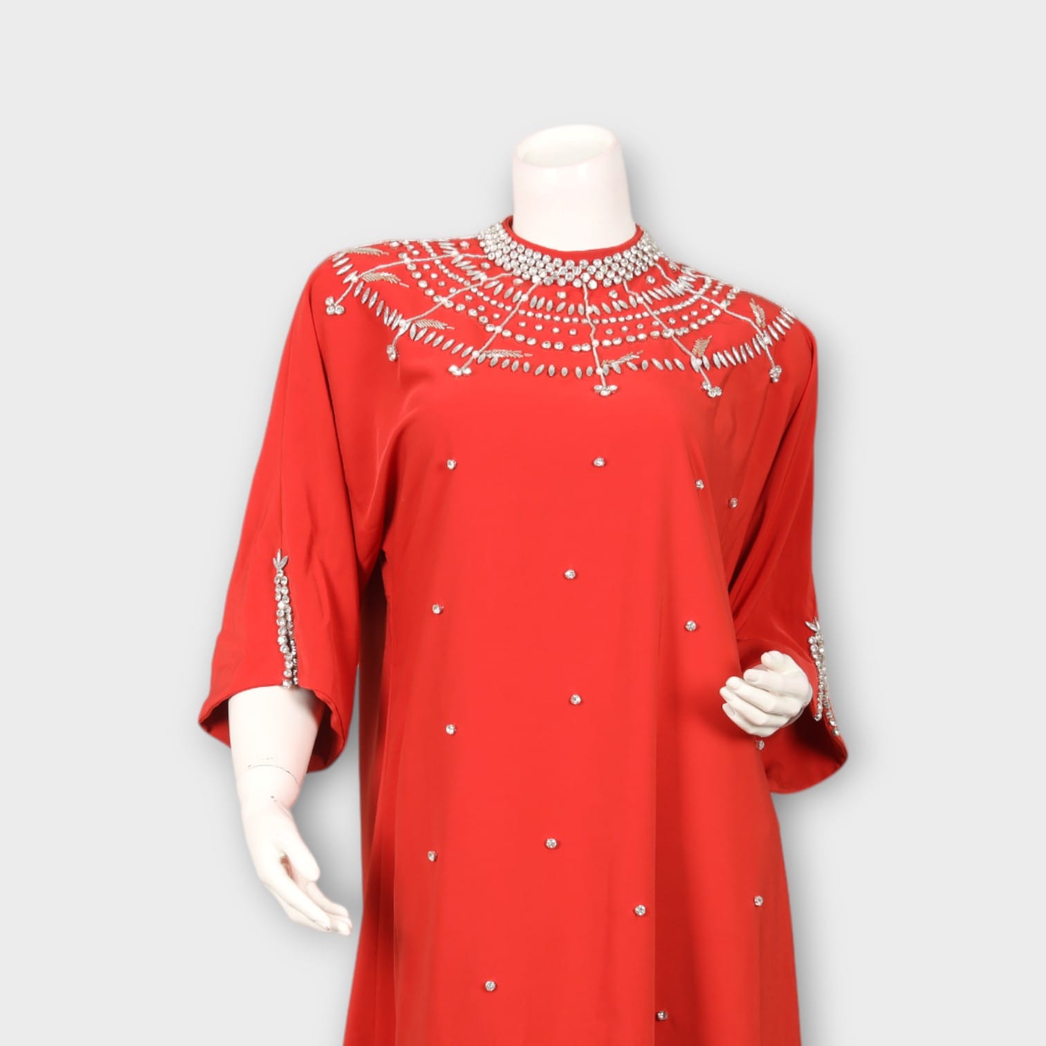 Red Kaftan Dress with Beaded Neckline and Sleeve Embellishment