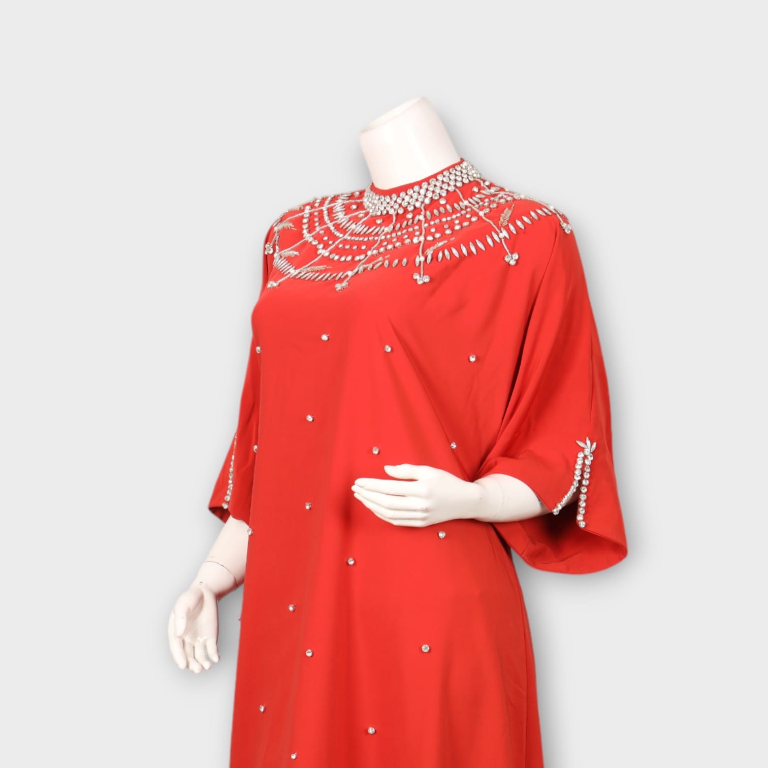 Red Kaftan Dress with Beaded Neckline and Sleeve Embellishment