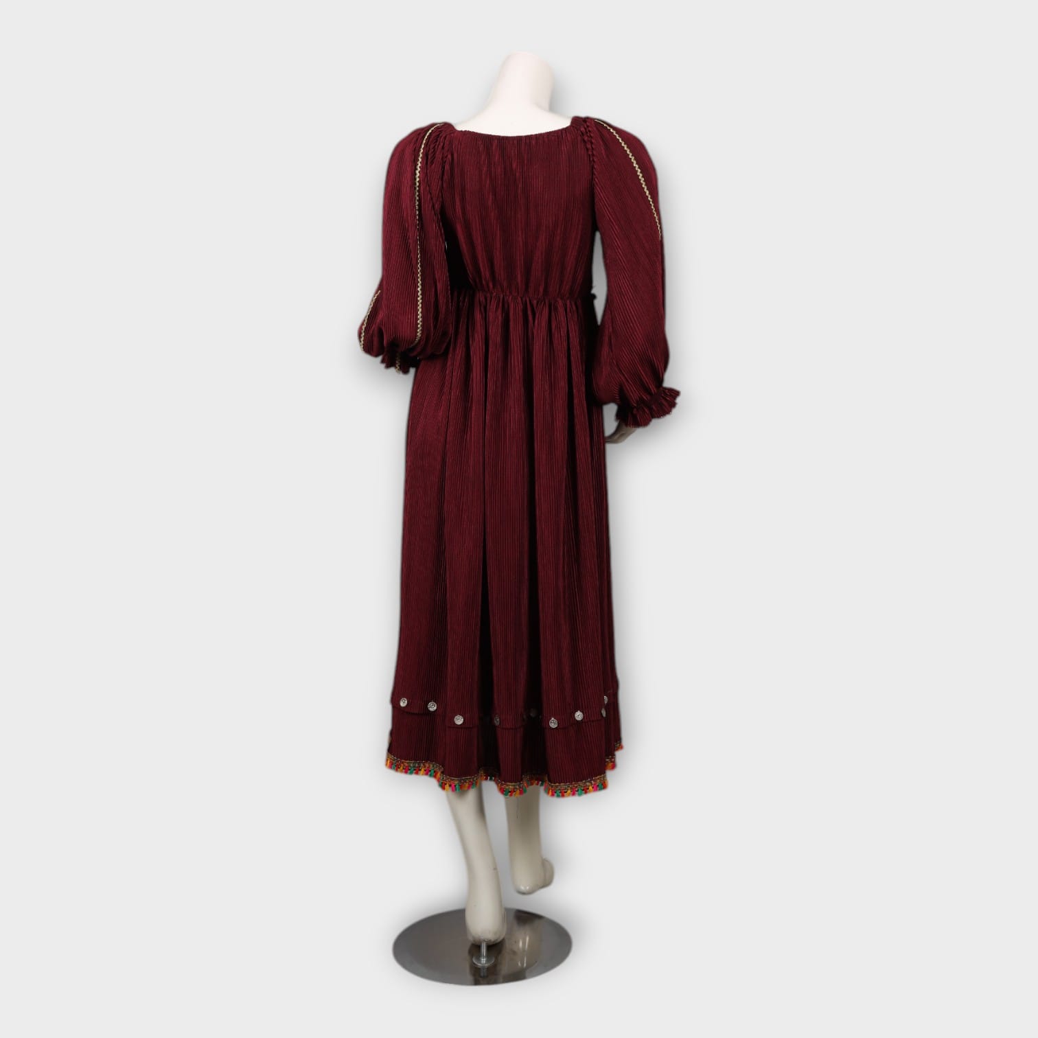 Maroon Afghani Dress with Colorful Embroidered Bodice and Coin Detailing