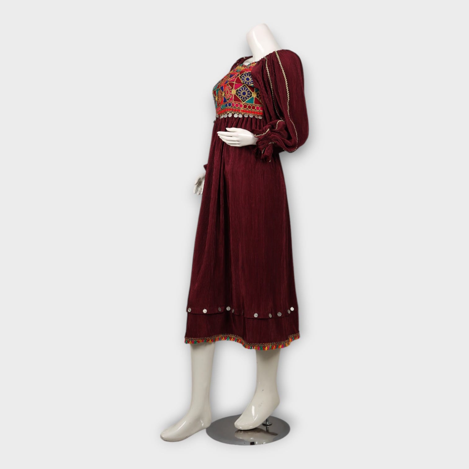 Maroon Afghani Dress with Colorful Embroidered Bodice and Coin Detailing