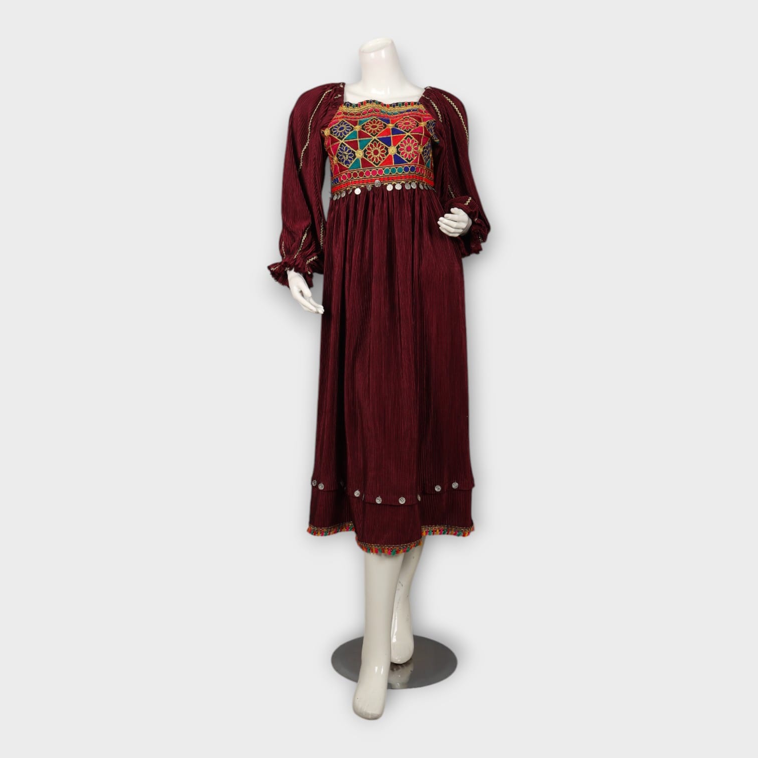 Maroon Afghani Dress with Colorful Embroidered Bodice and Coin Detailing