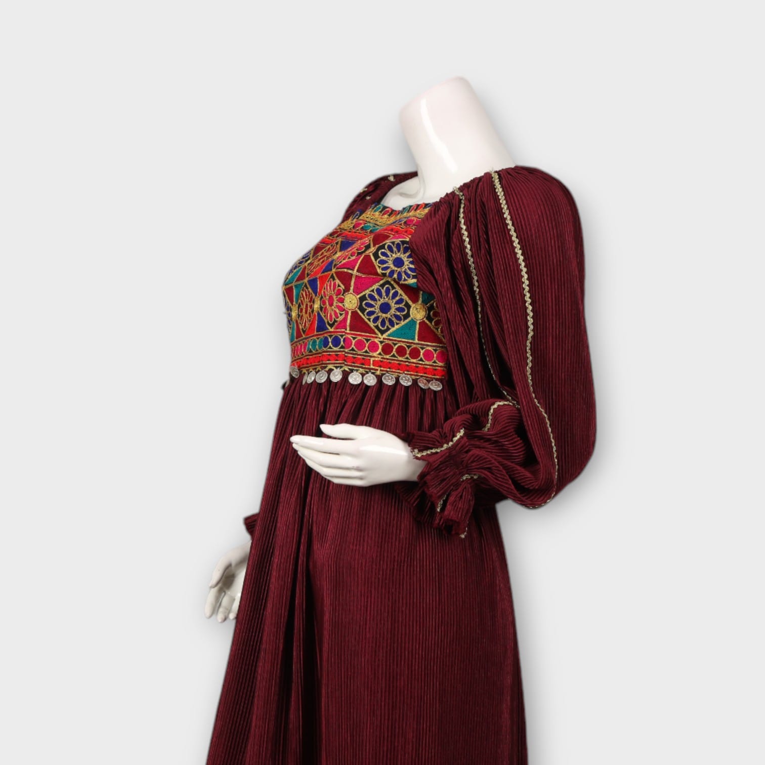 Maroon Afghani Dress with Colorful Embroidered Bodice and Coin Detailing