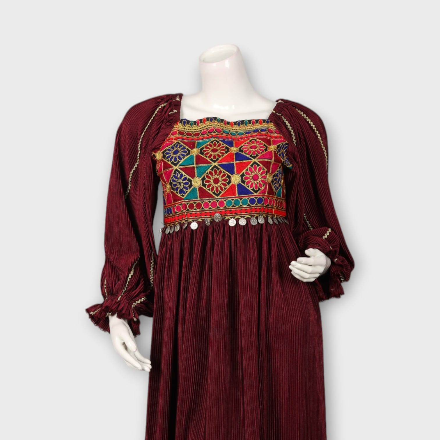 Maroon Afghani Dress with Colorful Embroidered Bodice and Coin Detailing