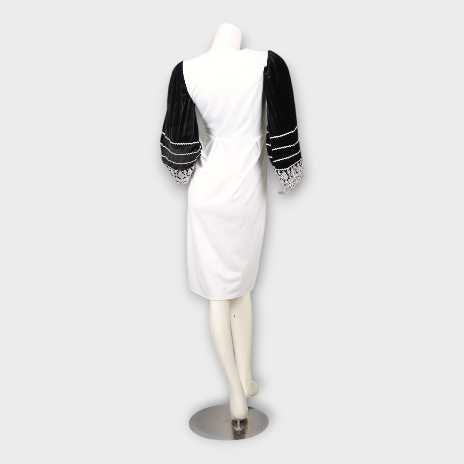 White Midi Dress with Black Embroidered Velvet Sleeves