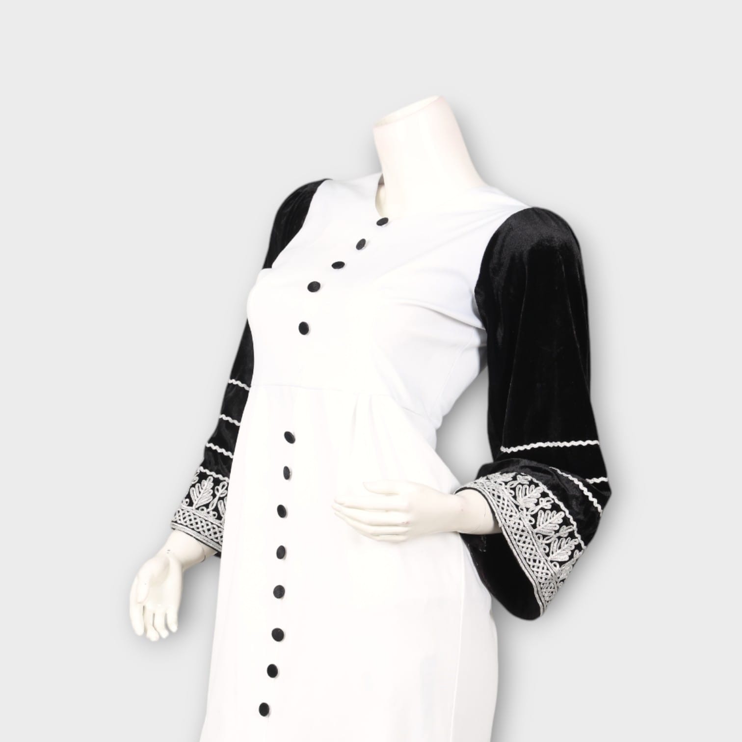 White Midi Dress with Black Embroidered Velvet Sleeves