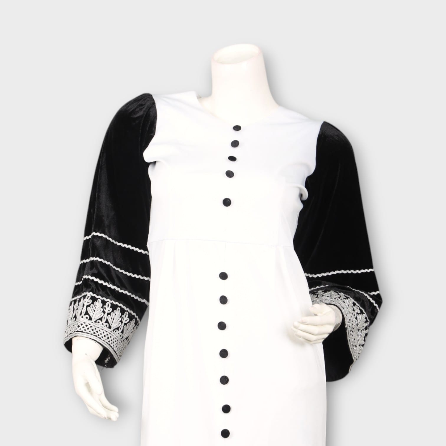 White Midi Dress with Black Embroidered Velvet Sleeves