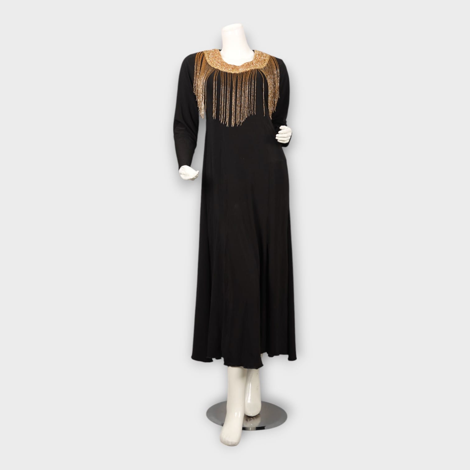 Black Evening Gown with Golden Beaded Fringe Neckline