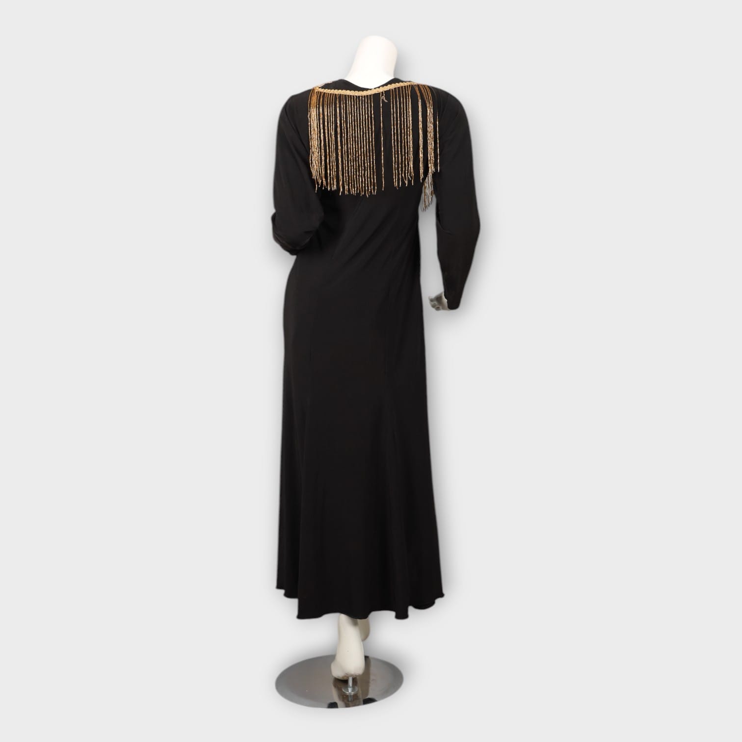 Black Evening Gown with Golden Beaded Fringe Neckline
