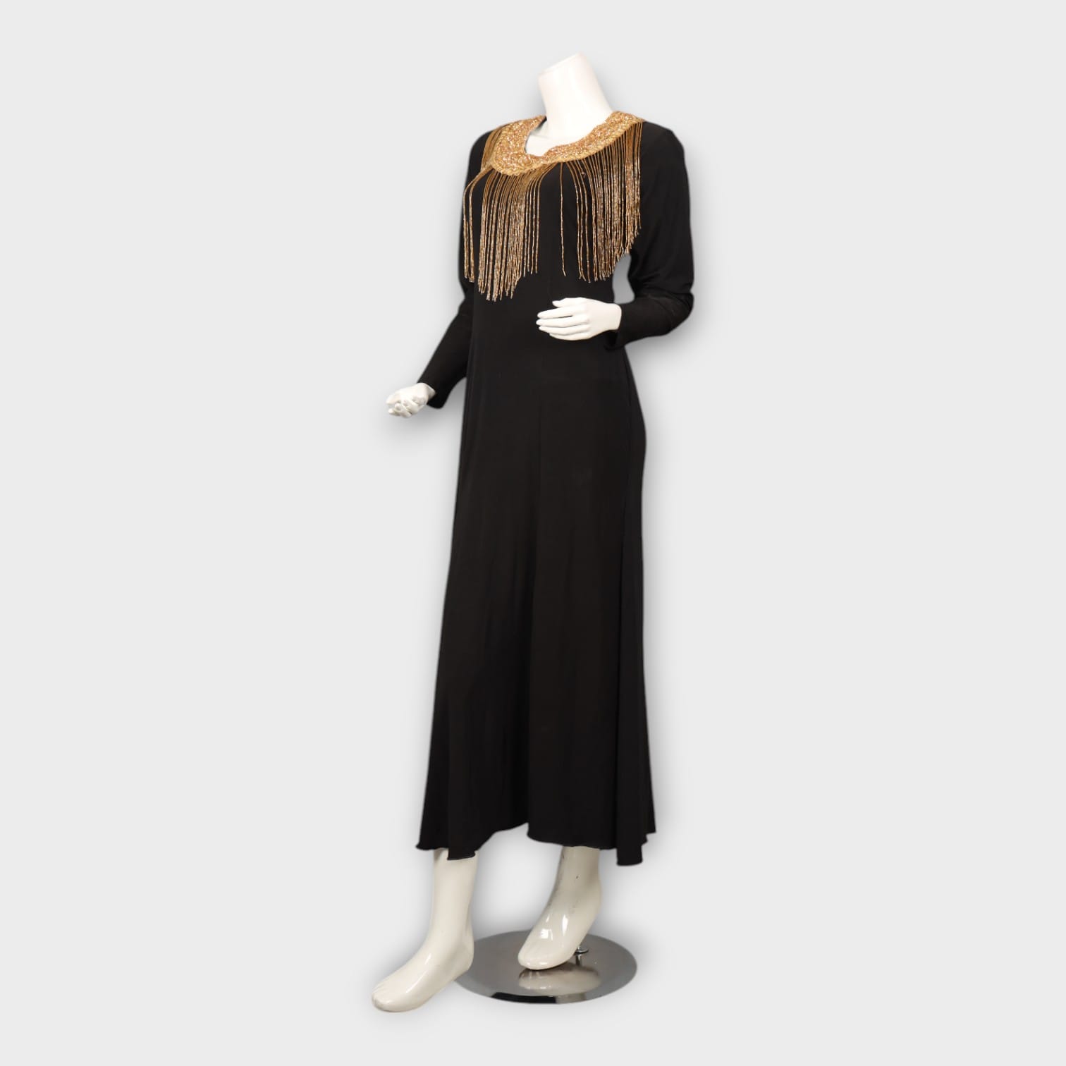 Black Evening Gown with Golden Beaded Fringe Neckline