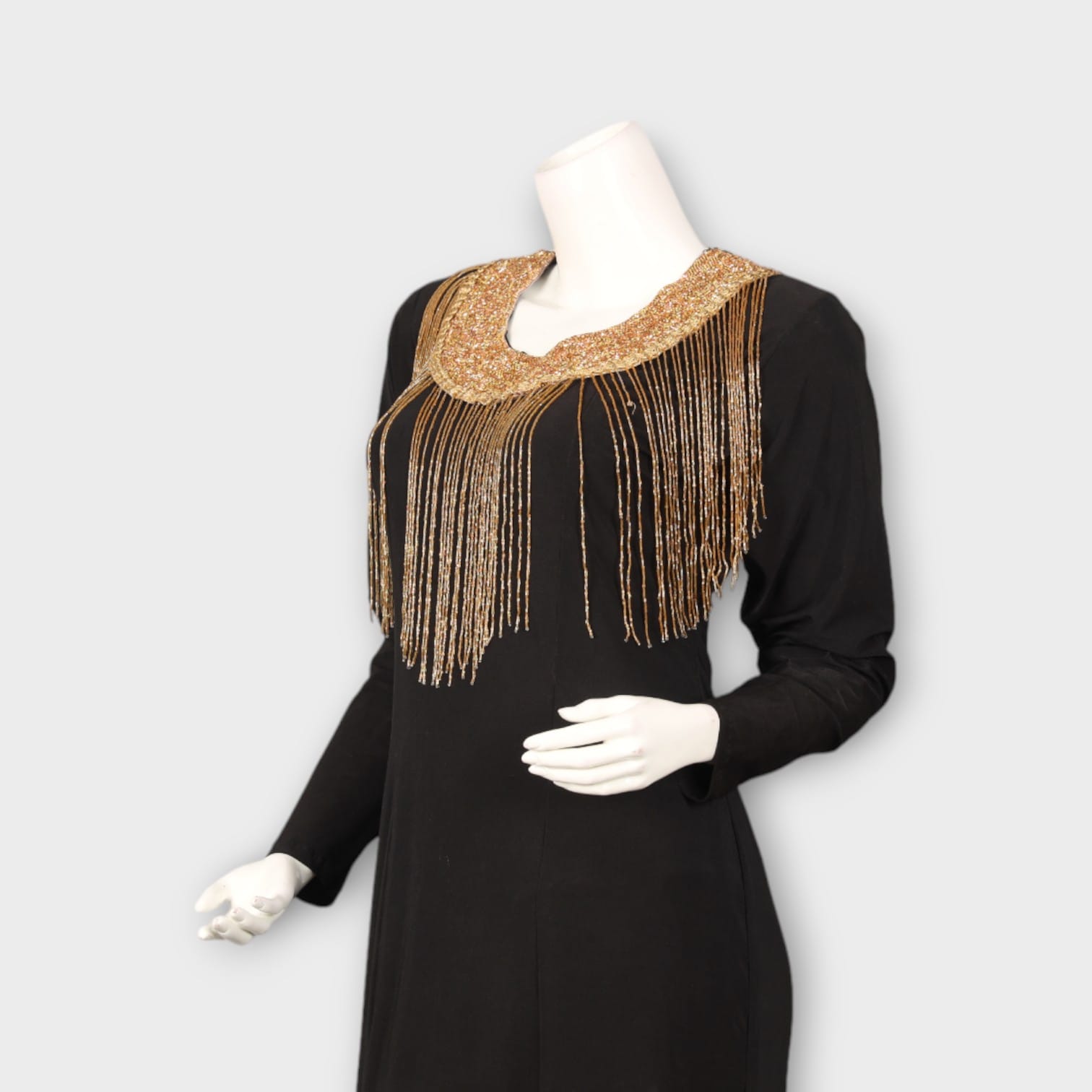 Black Evening Gown with Golden Beaded Fringe Neckline