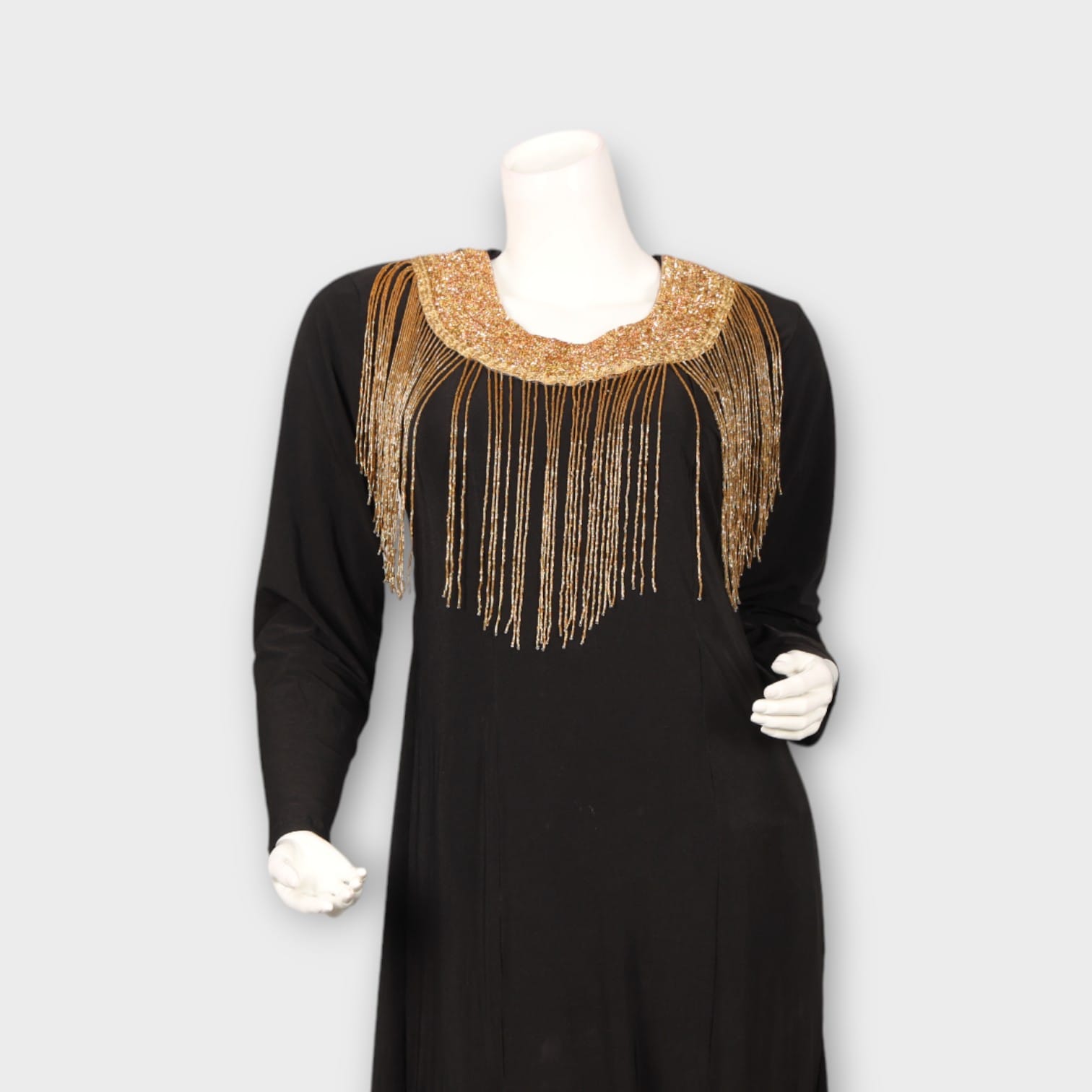 Black Evening Gown with Golden Beaded Fringe Neckline