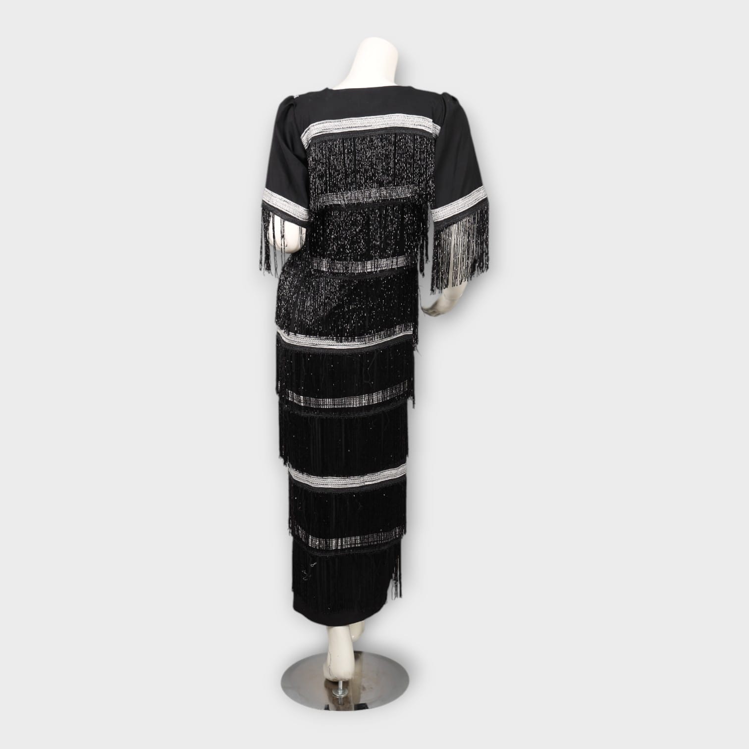 Black Vintage-Inspired Fringe Dress with Silver Beadwork