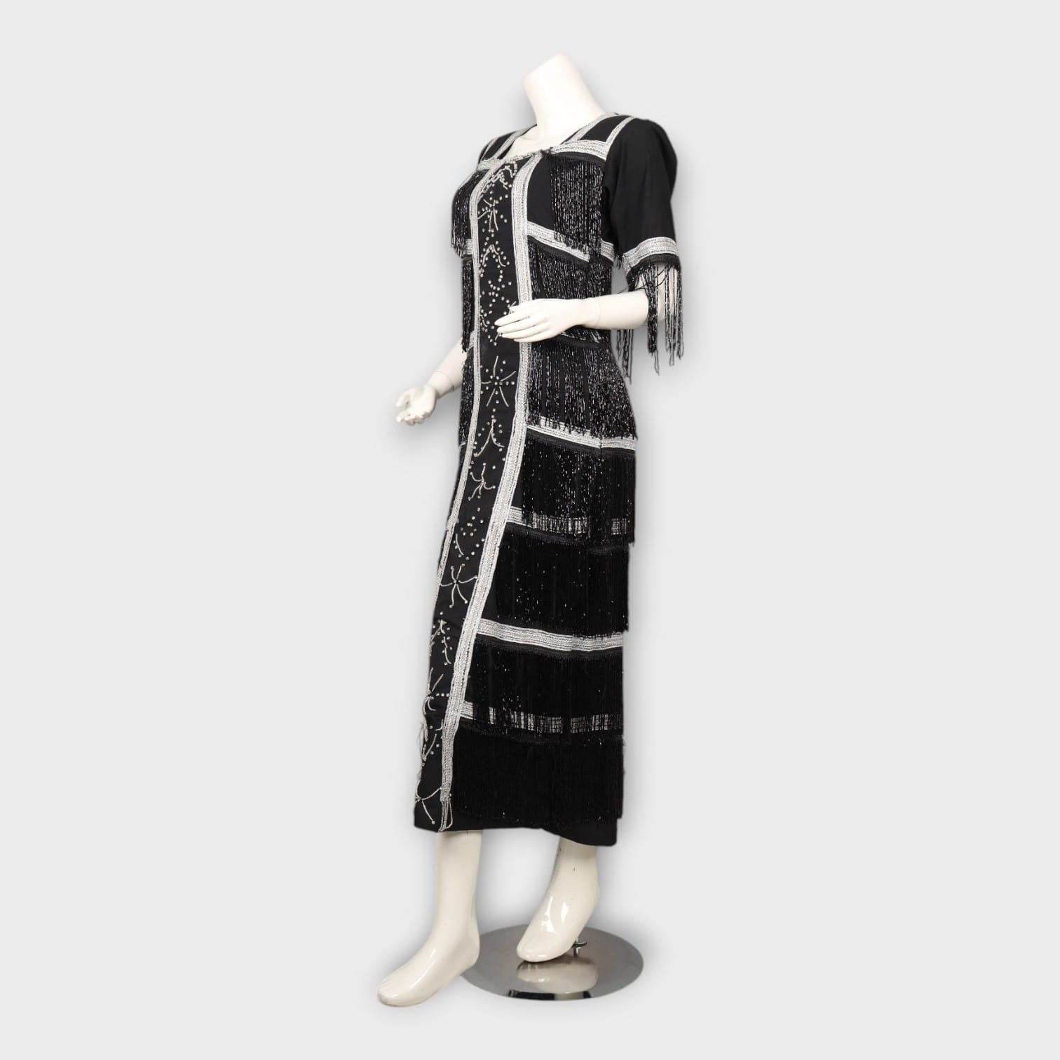 Black Vintage-Inspired Fringe Dress with Silver Beadwork