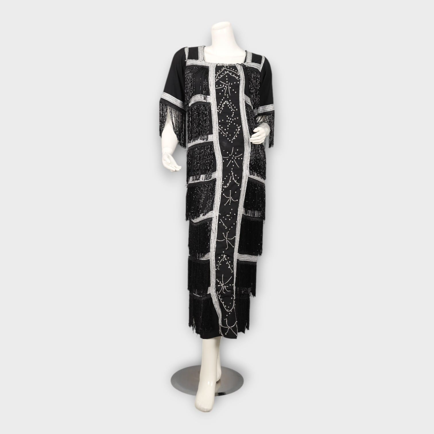 Black Vintage-Inspired Fringe Dress with Silver Beadwork