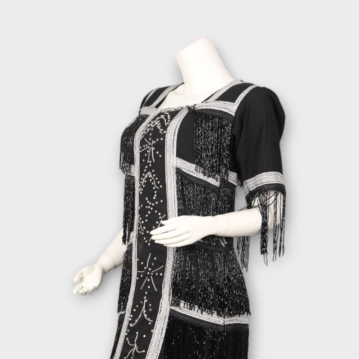 Black Vintage-Inspired Fringe Dress with Silver Beadwork