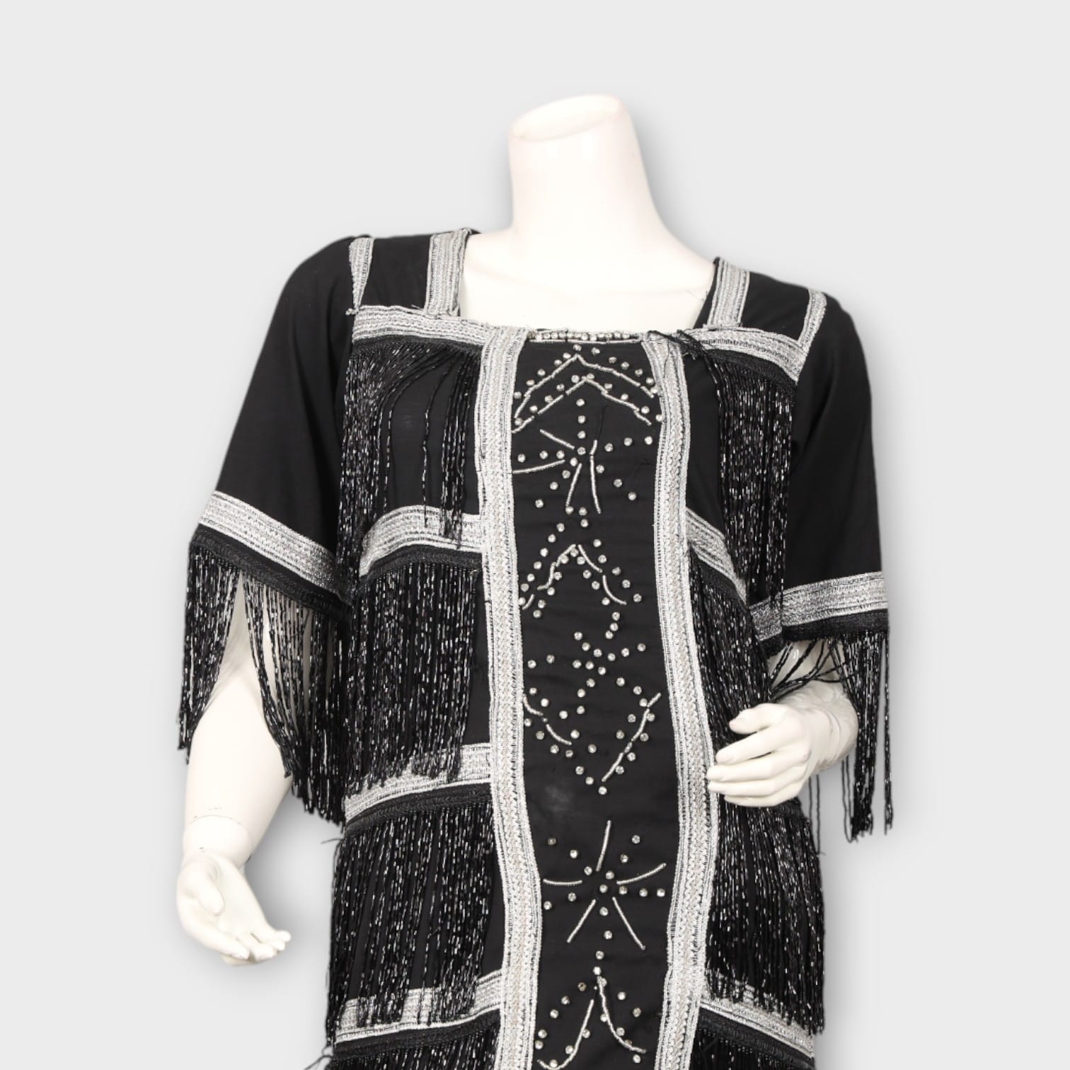 Black Vintage-Inspired Fringe Dress with Silver Beadwork