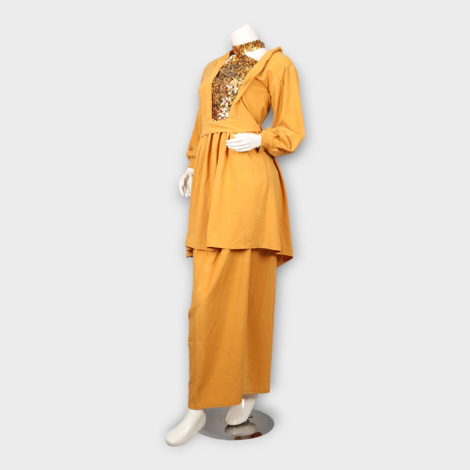 Golden Mustard Two-Piece Outfit with Sequin Embellished Bodice