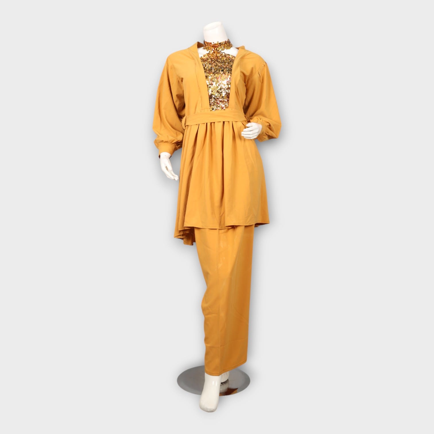 Golden Mustard Two-Piece Outfit with Sequin Embellished Bodice