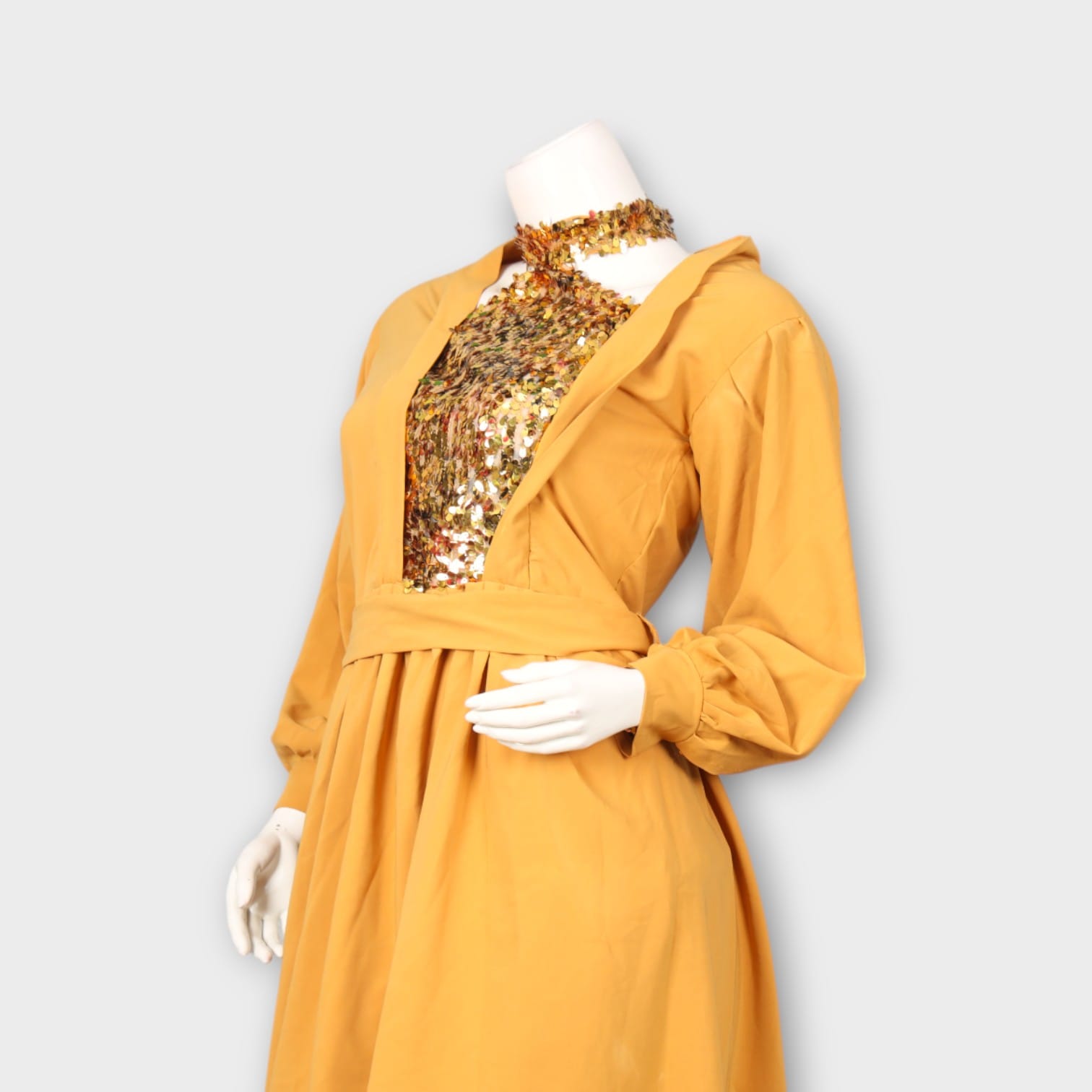 Golden Mustard Two-Piece Outfit with Sequin Embellished Bodice