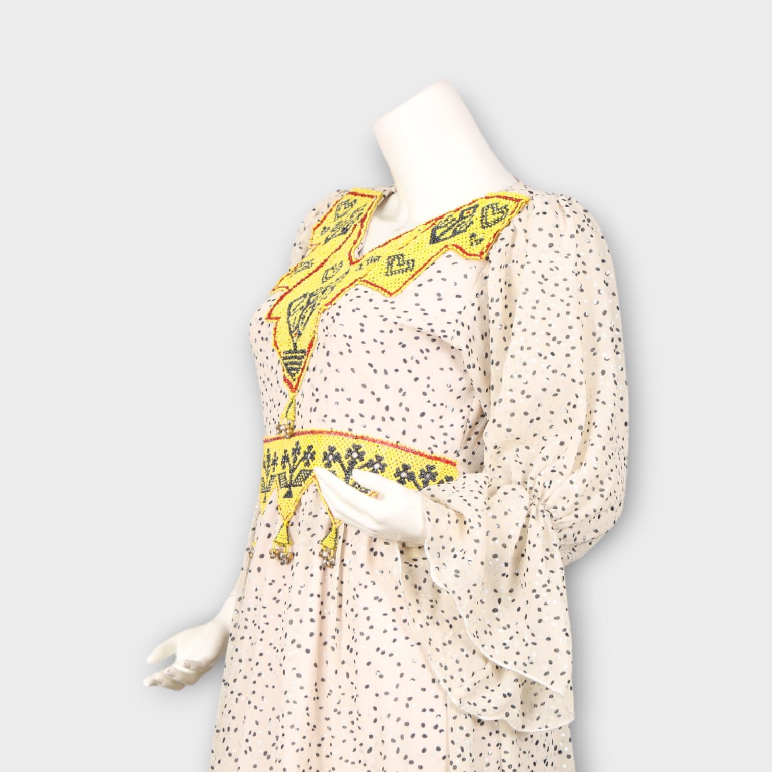 Cream Polka Dot Maxi Dress with Yellow Embroidered Bodice