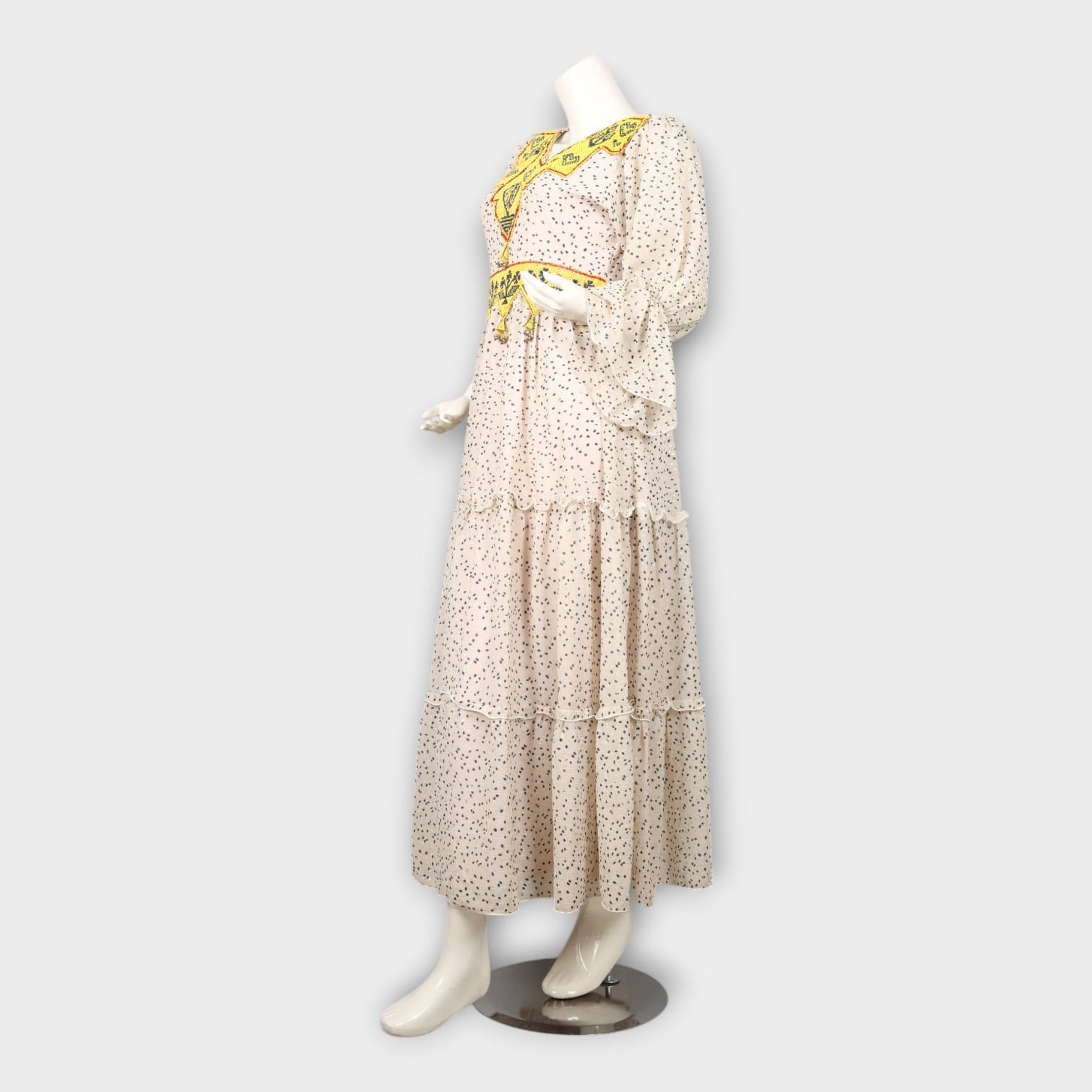 Cream Polka Dot Maxi Dress with Yellow Embroidered Bodice