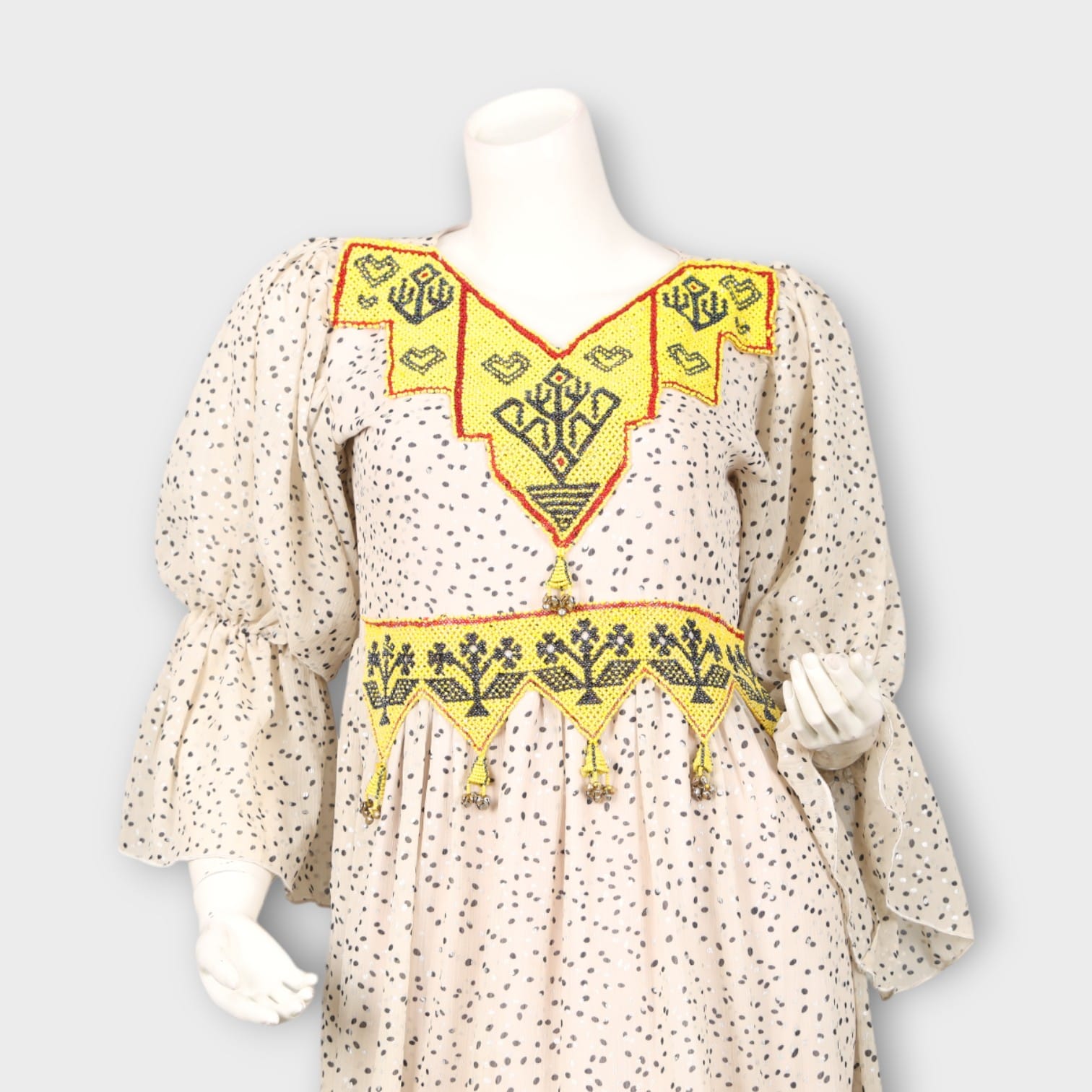 Cream Polka Dot Maxi Dress with Yellow Embroidered Bodice