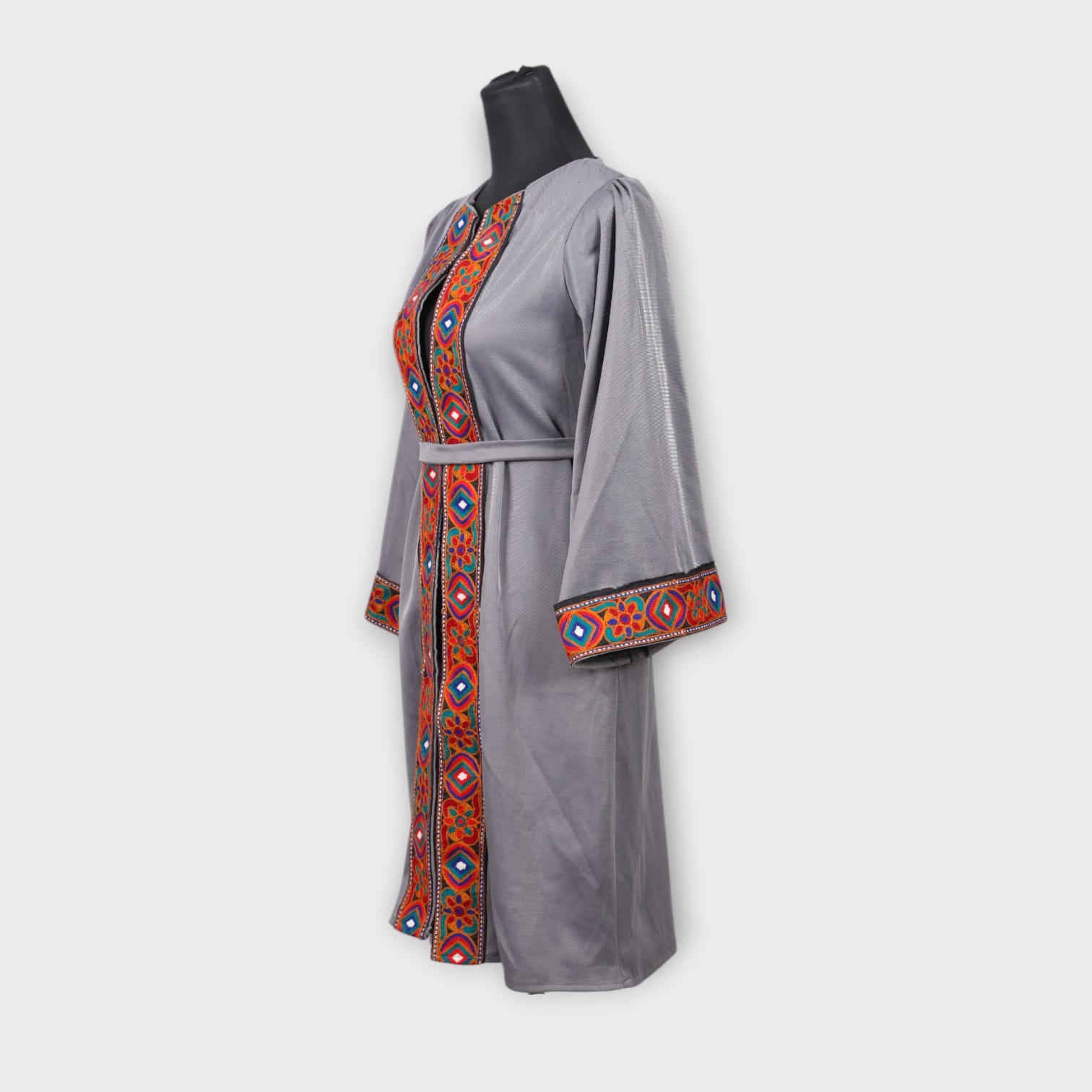 Grey Knee-Length Dress Coat with Traditional Red and Blue Embroidery