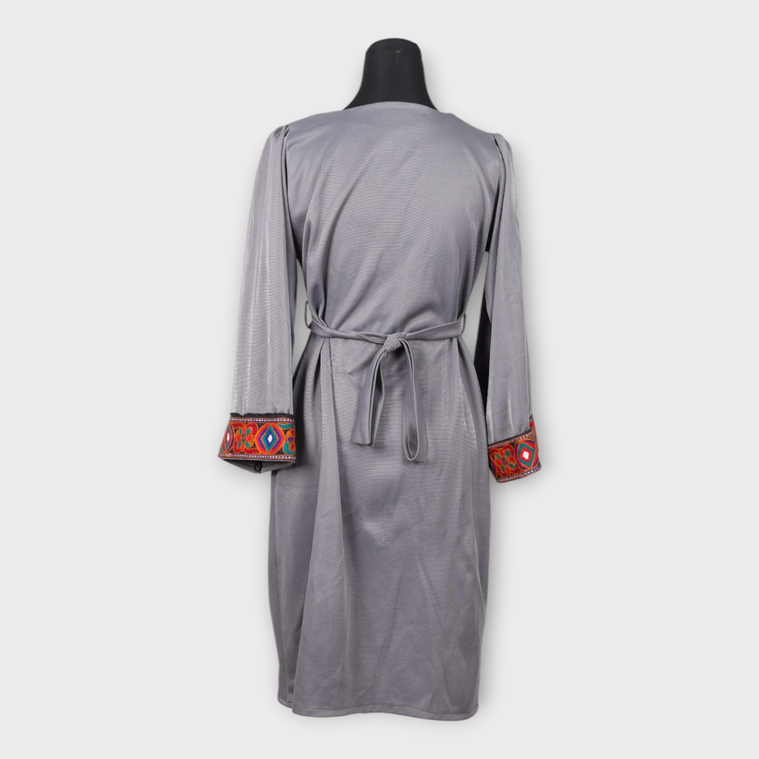 Grey Knee-Length Dress Coat with Traditional Red and Blue Embroidery