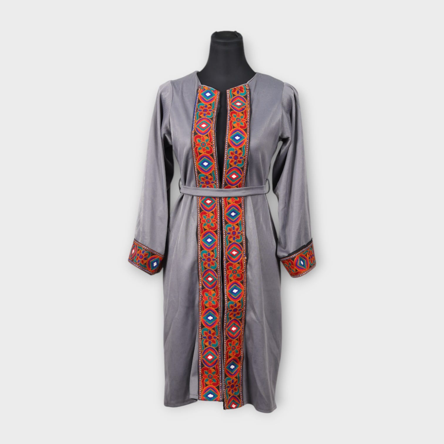 Grey Knee-Length Dress Coat with Traditional Red and Blue Embroidery
