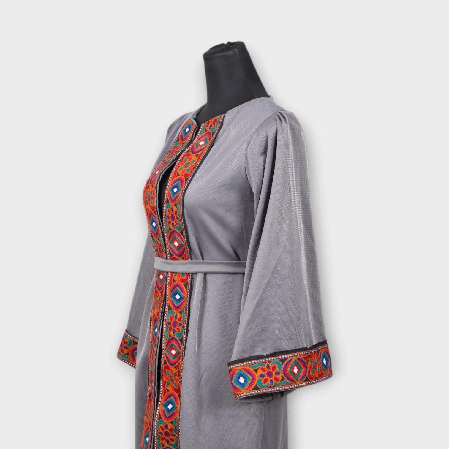 Grey Knee-Length Dress Coat with Traditional Red and Blue Embroidery