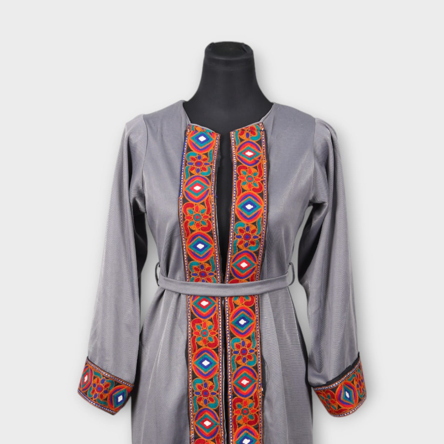Grey Knee-Length Dress Coat with Traditional Red and Blue Embroidery