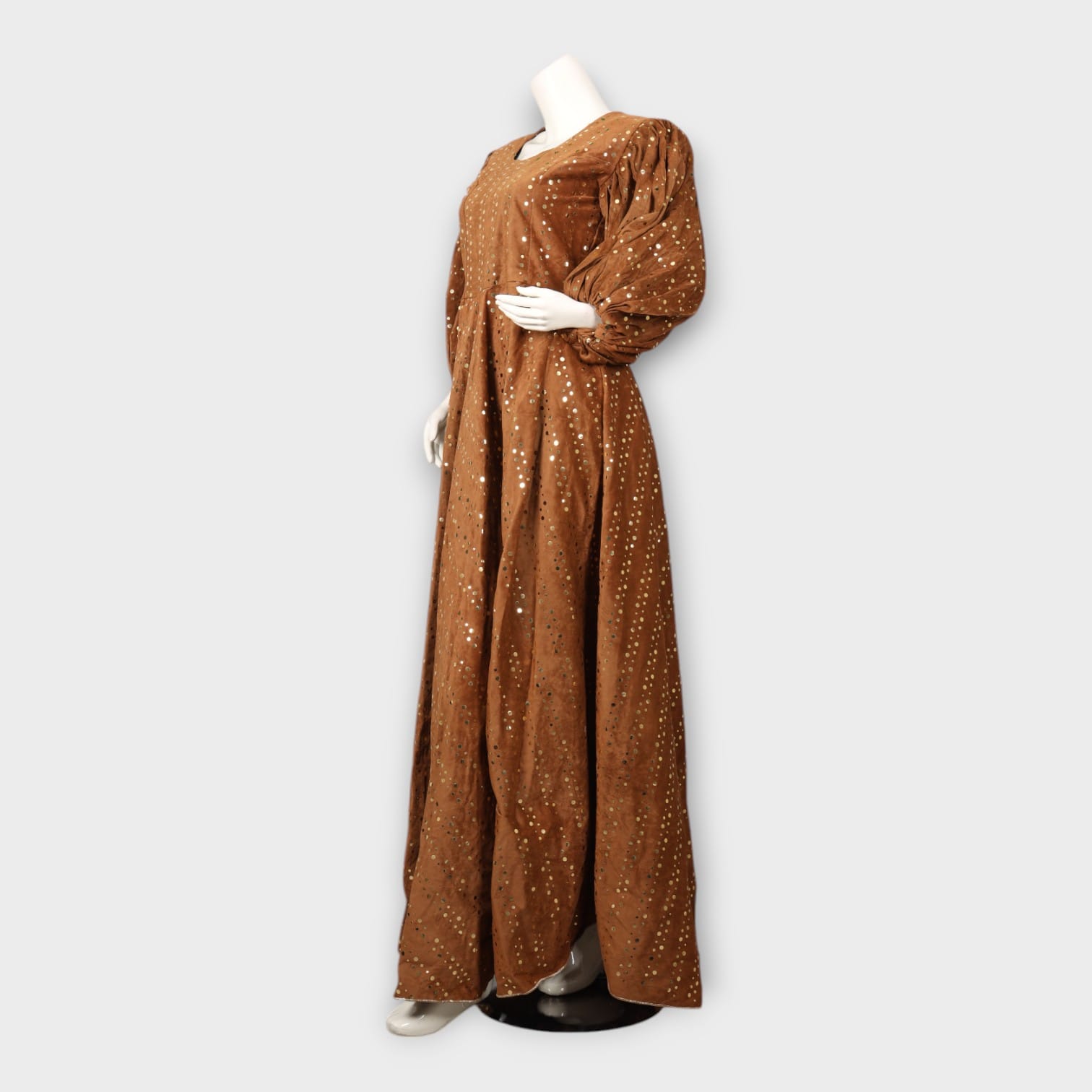 Brown Mirror Work Maxi Dress with Puff Sleeves
