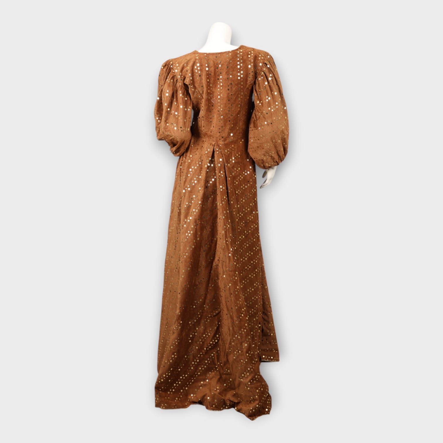 Brown Mirror Work Maxi Dress with Puff Sleeves