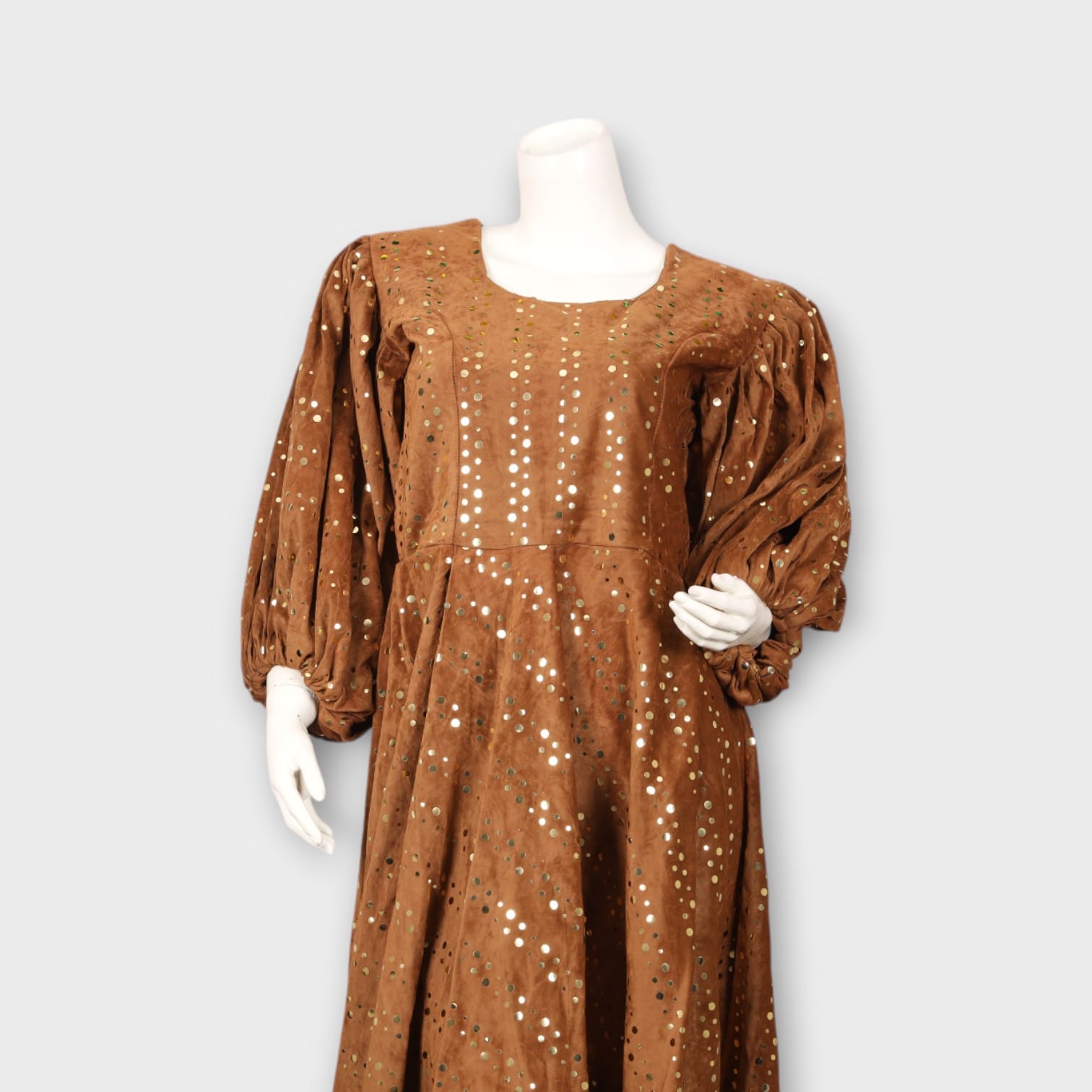 Brown Mirror Work Maxi Dress with Puff Sleeves
