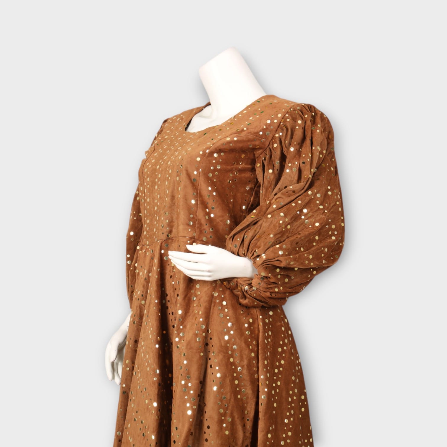Brown Mirror Work Maxi Dress with Puff Sleeves