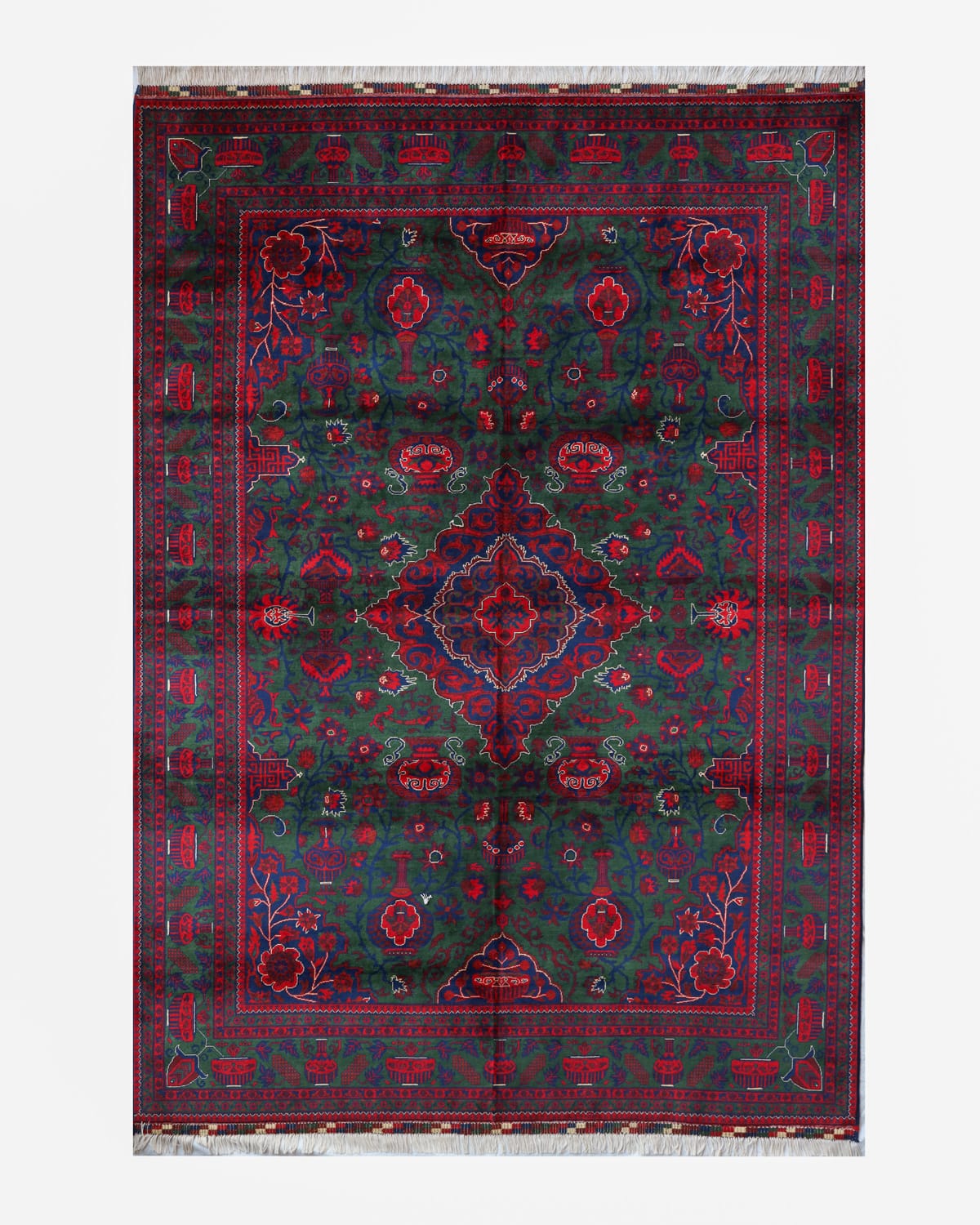 Handwoven Afghani Wool Carpet – Red & Green Floral Medallion Design ft:11.8 x 8.2