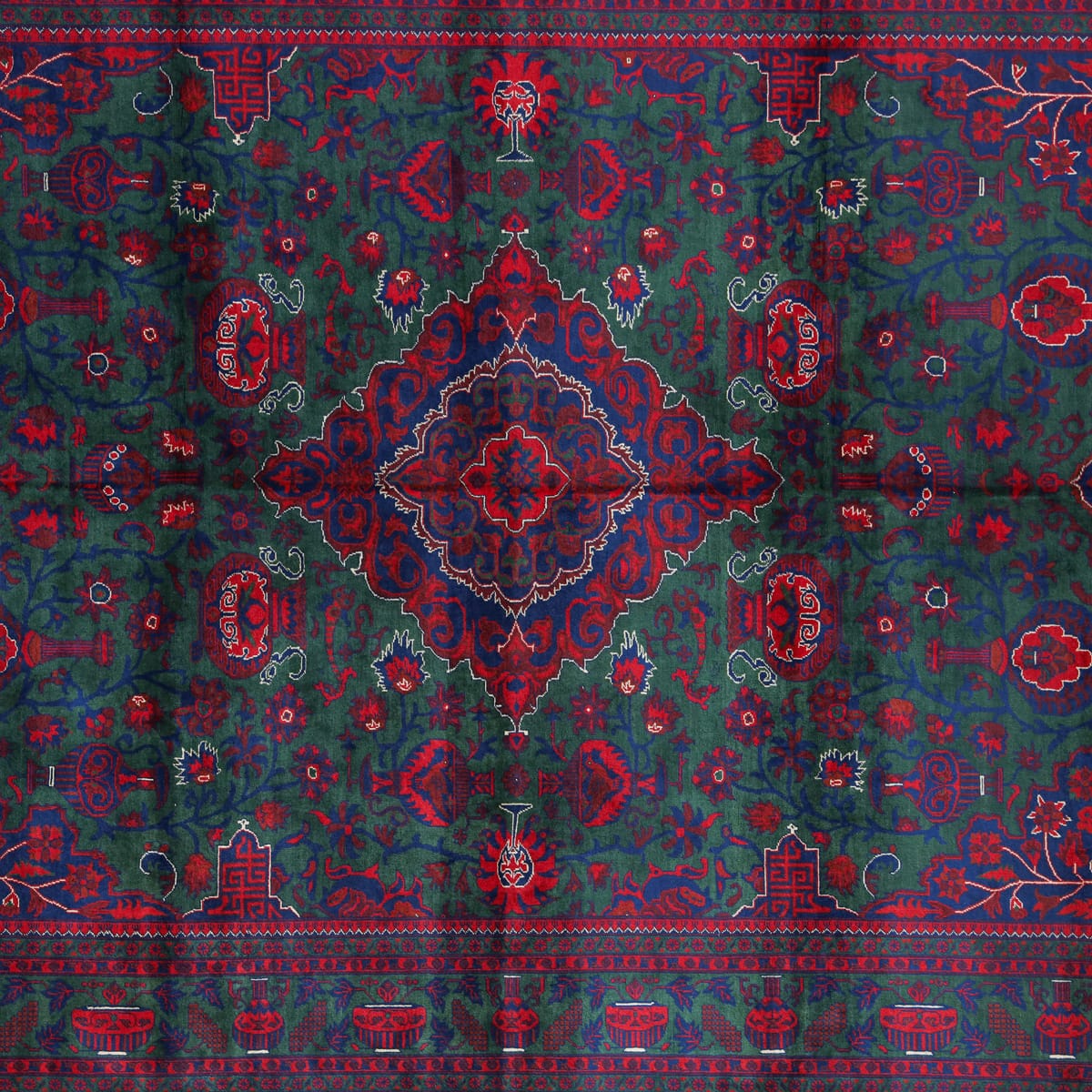 Handwoven Afghani Wool Carpet – Red & Green Floral Medallion Design ft:11.8 x 8.2