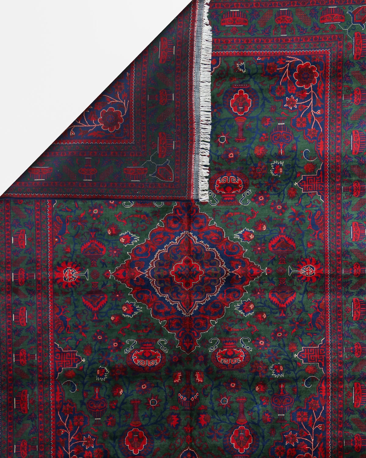 Handwoven Afghani Wool Carpet – Red & Green Floral Medallion Design ft:11.8 x 8.2