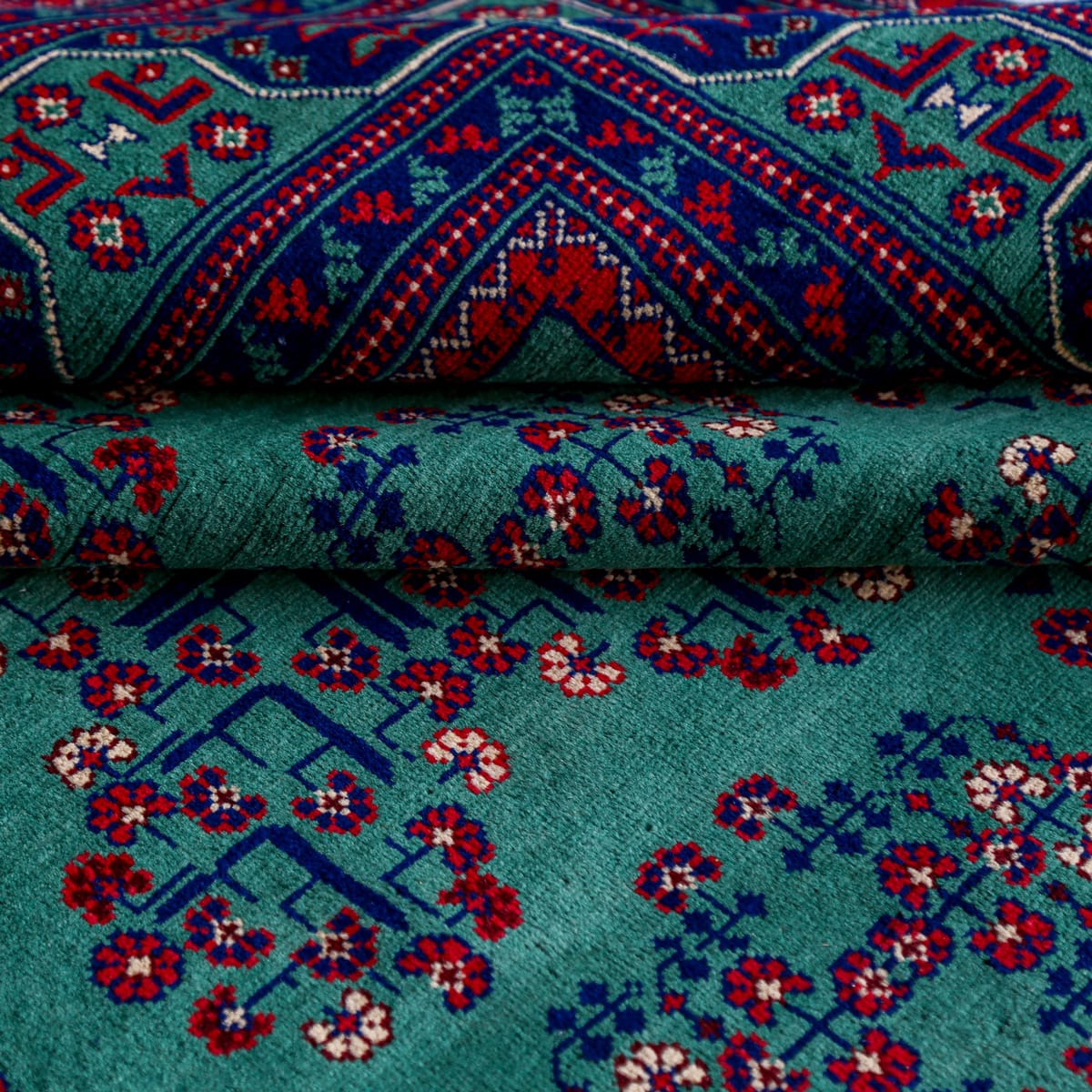 Handwoven Afghani Wool Carpet – Green Geometric Design | 11.4 x 6.6 ft