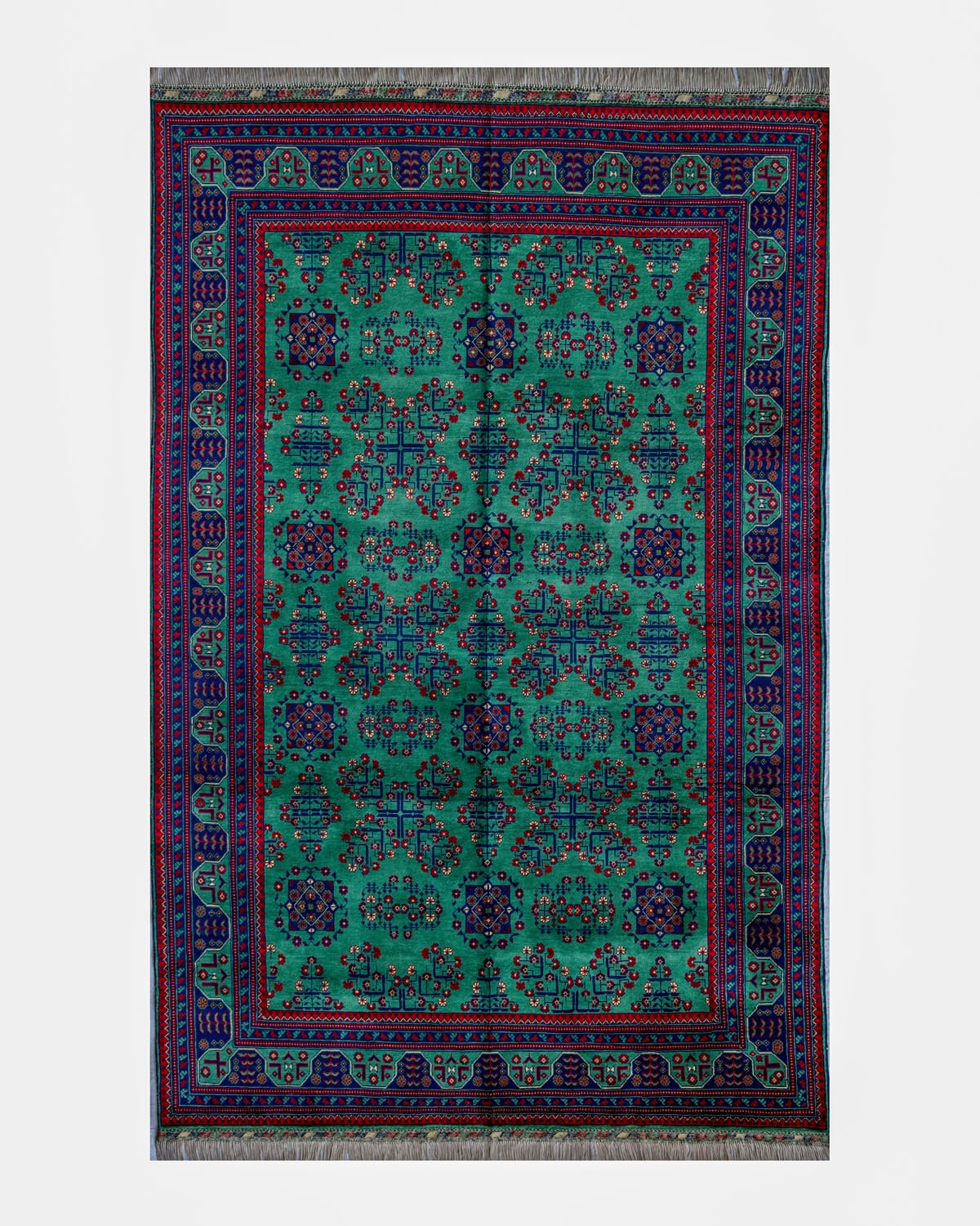 Handwoven Afghani Wool Carpet – Green Geometric Design | 11.4 x 6.6 ft