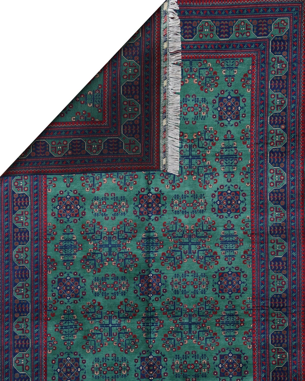 Handwoven Afghani Wool Carpet – Green Geometric Design | 11.4 x 6.6 ft
