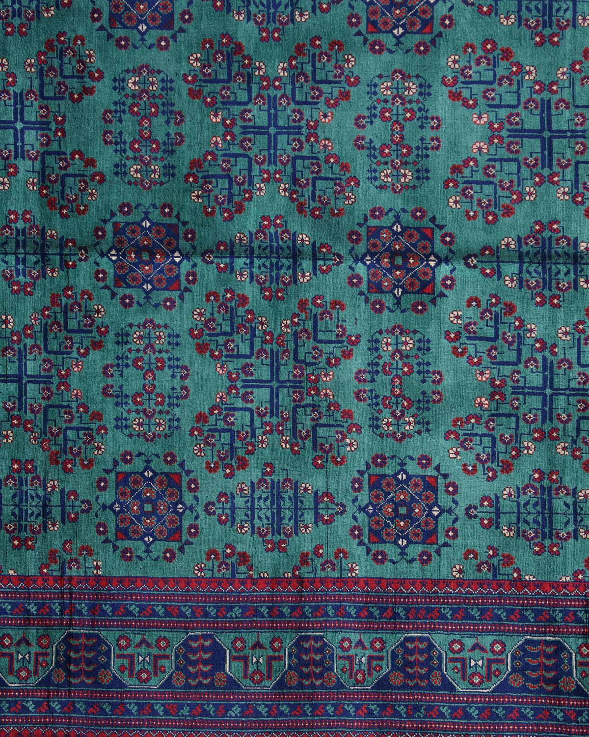 Handwoven Afghani Wool Carpet – Green Geometric Design | 11.4 x 6.6 ft
