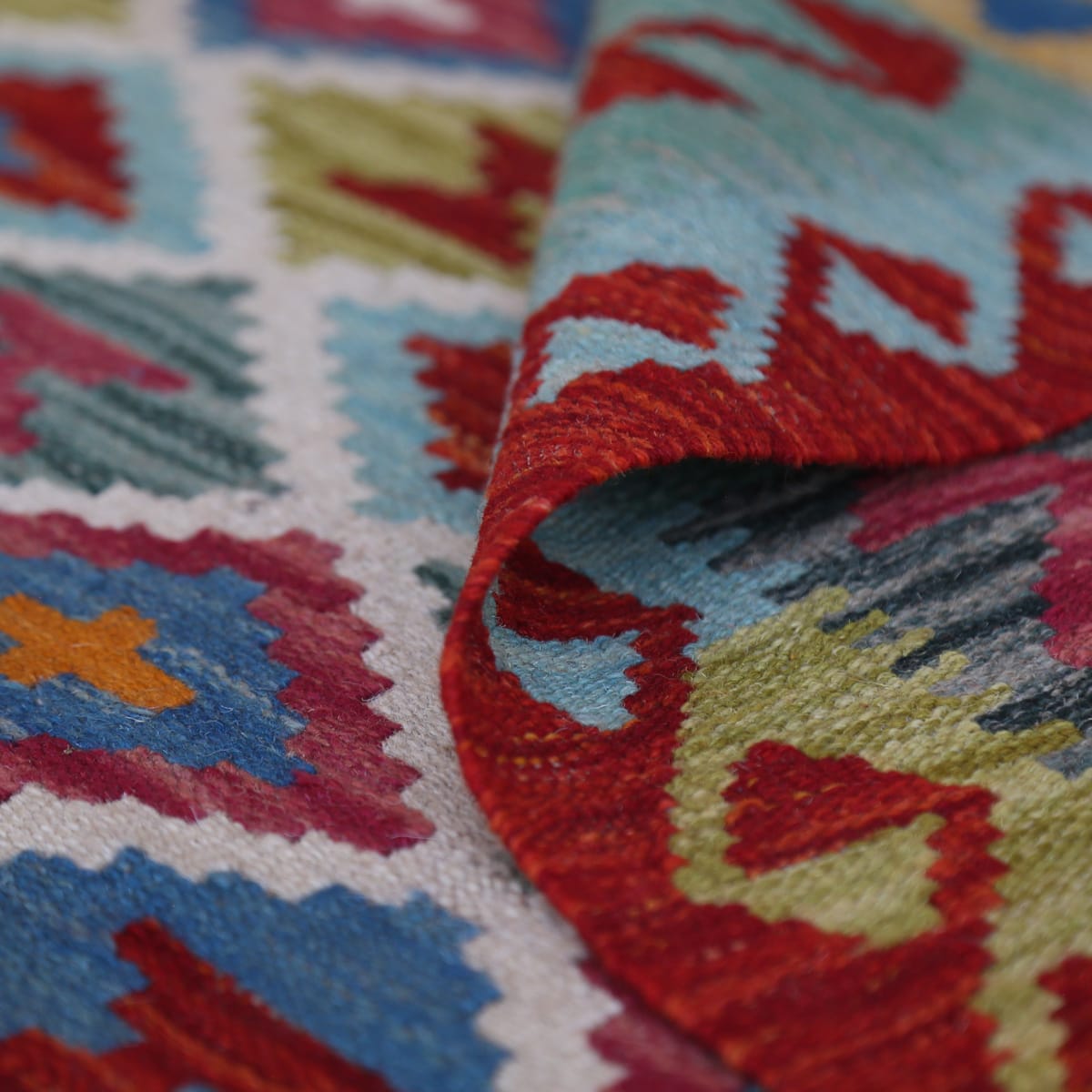Handwoven Afghani Kilim Wool Rug – Multicolor Diamond Pattern | 9.8 x 7.2 ft